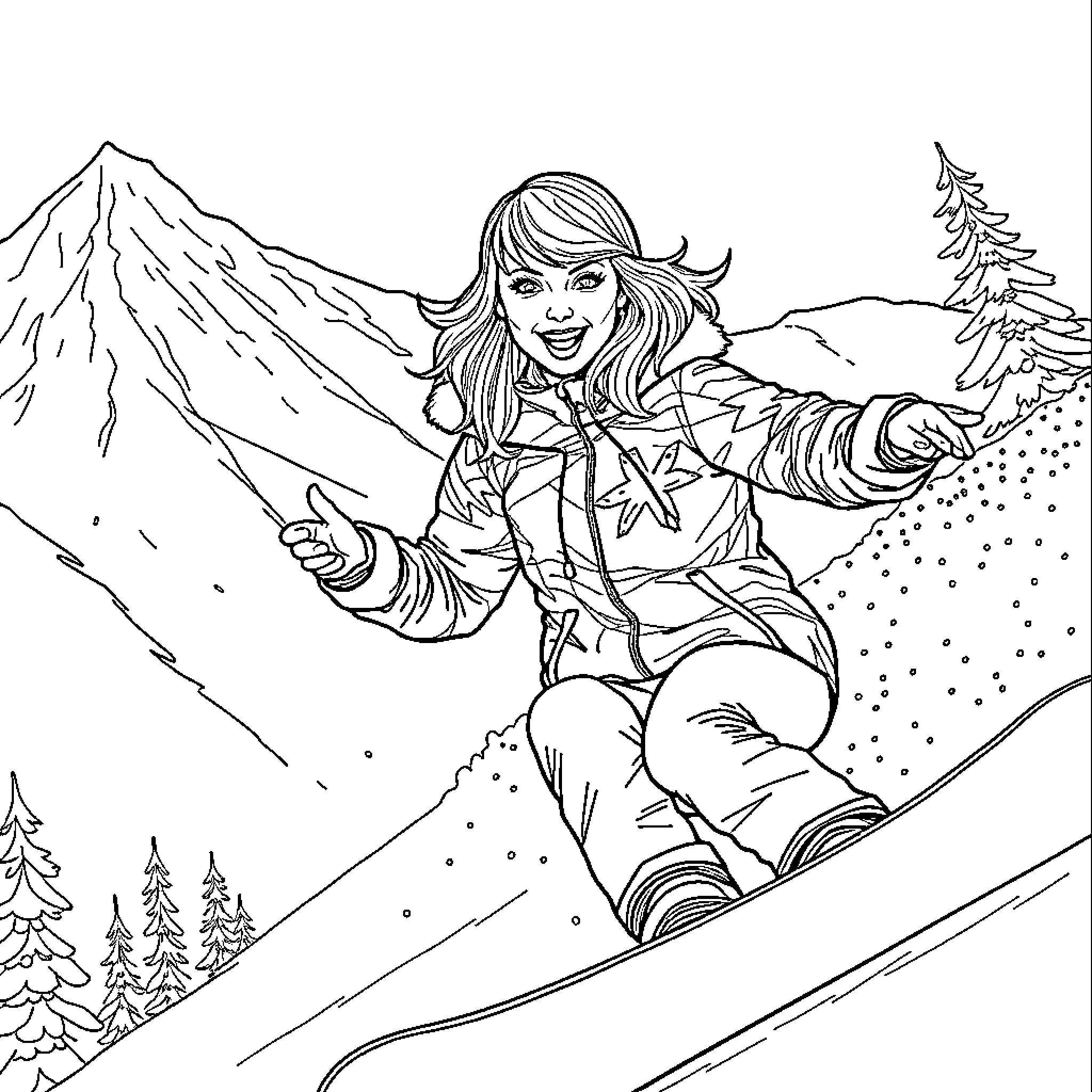 Taylor Swift enjoying a snowy mountain adventure Coloring Page (free black-and-white line drawing printable PDF for all, from beginners to advanced learners, including children, teens, adults, and seniors)