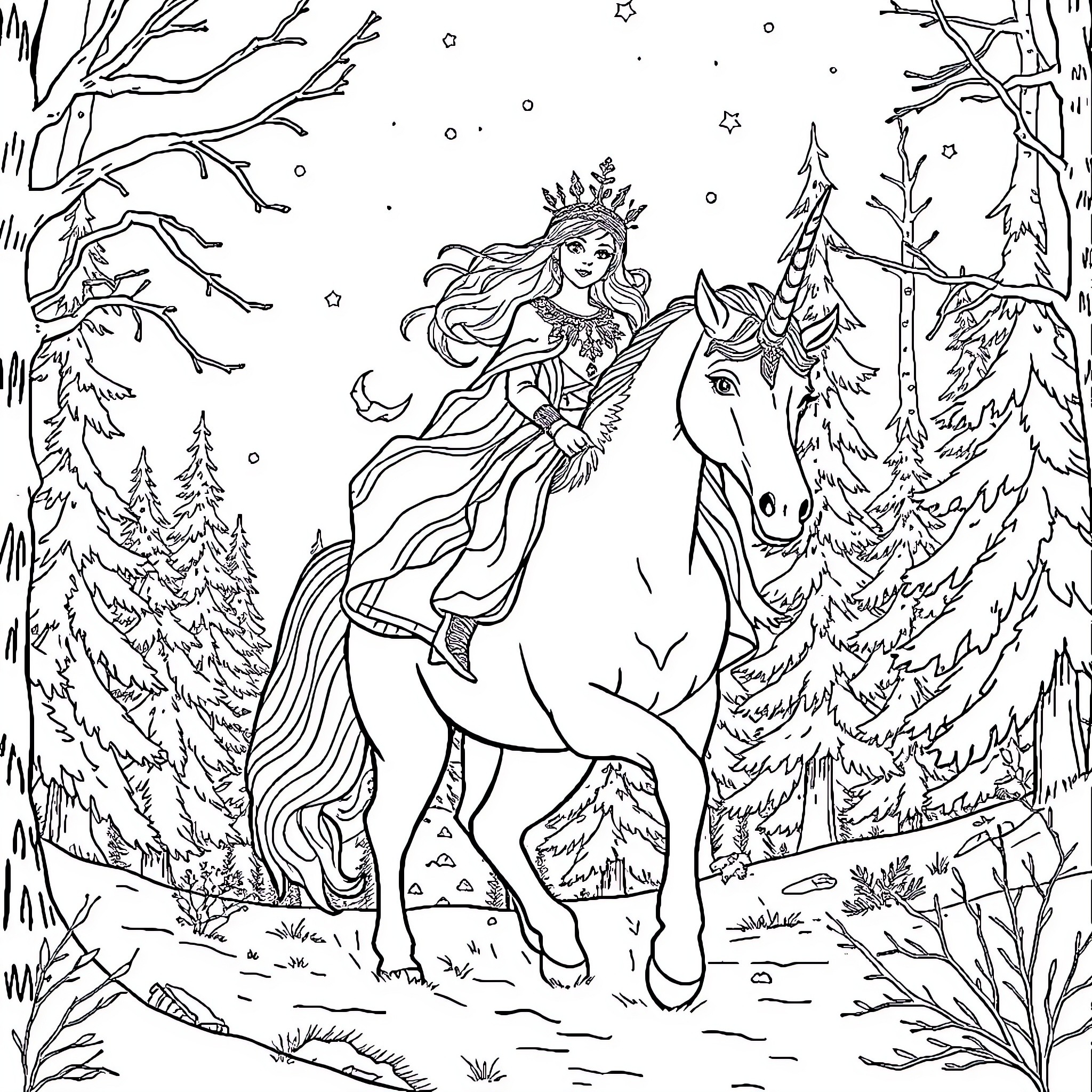 Icequeen riding a majestic horse through the winter wonderland Coloring Page (free black-and-white line drawing printable PDF for all, from beginners to advanced learners, including children, teens, adults, and seniors)