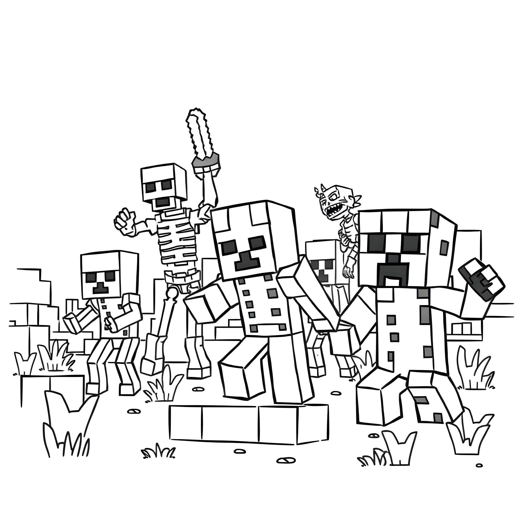 Minecraft Mob Gathering in a Blocky Landscape Coloring Page (free black-and-white line drawing printable PDF for all, from beginners to advanced learners, including children, teens, adults, and seniors)
