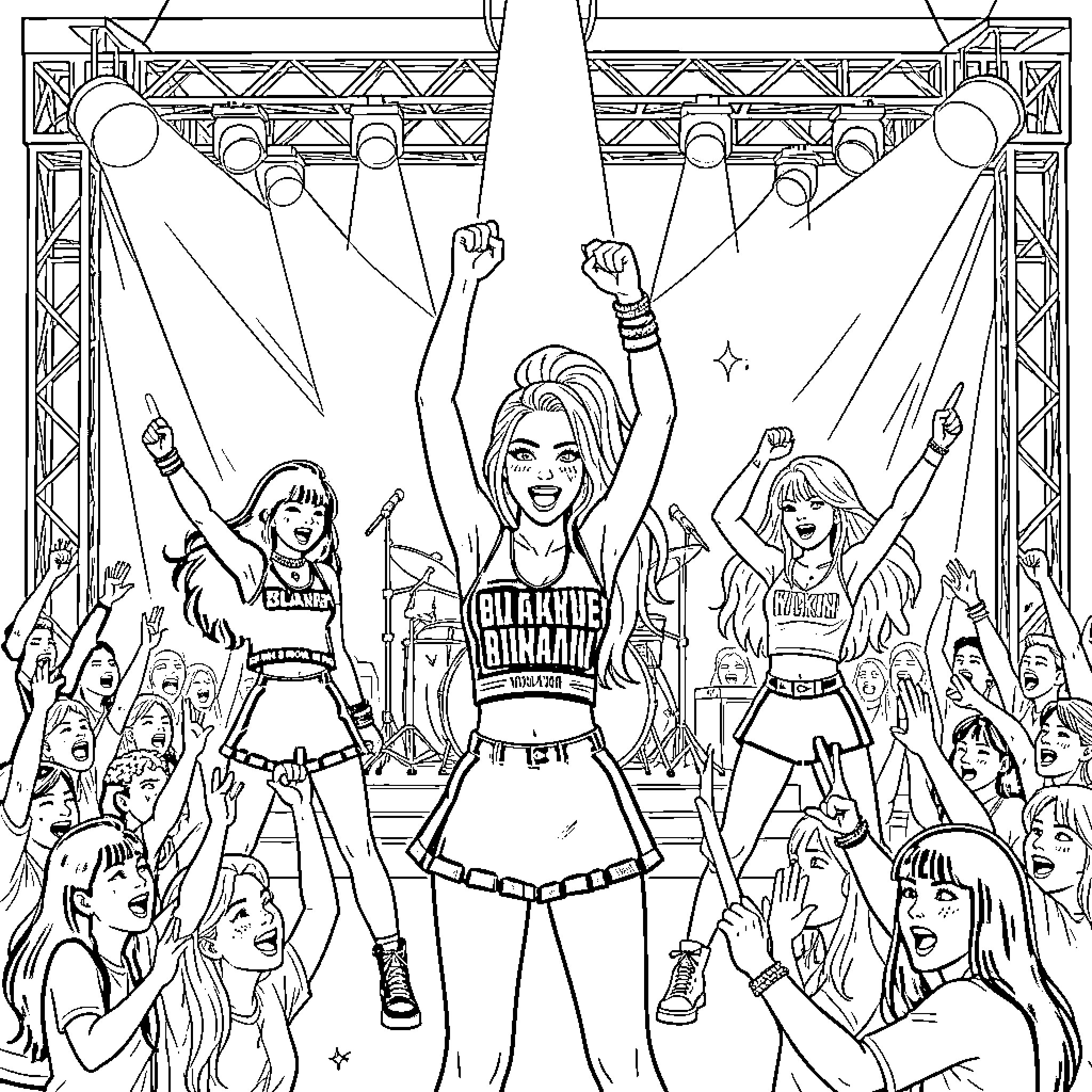 Blackpink members performing energetically on a concert stage Coloring Page (free black-and-white line drawing printable PDF for all, from beginners to advanced learners, including children, teens, adults, and seniors)