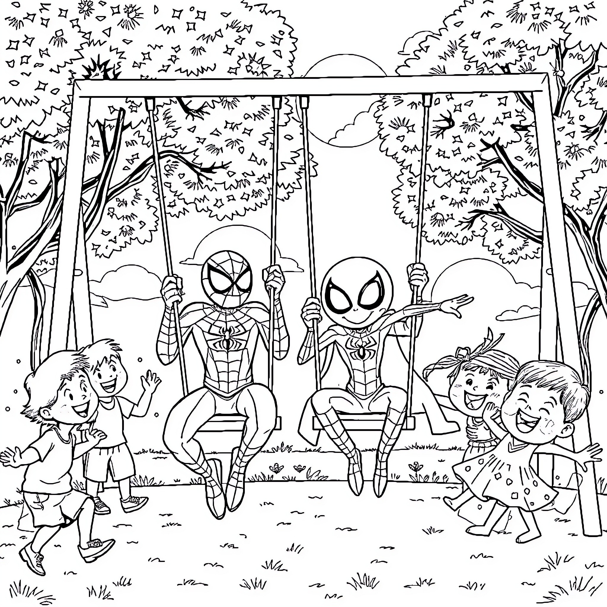 Spider-Heroes enjoy a playful day in the park Coloring Page (free black-and-white line drawing printable PDF for all, from beginners to advanced learners, including children, teens, adults, and seniors)