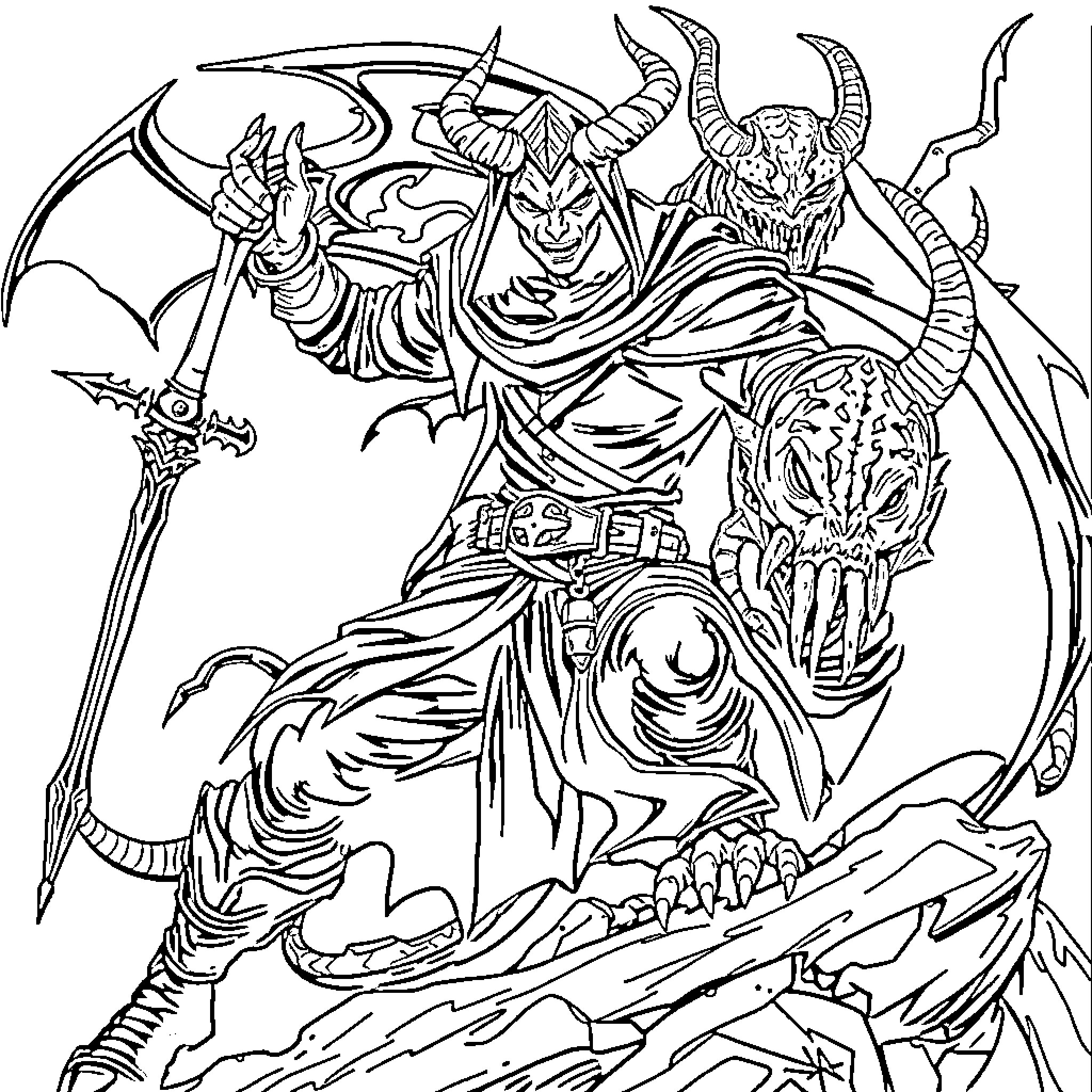 Demon Hunter Wielding a Menacing Scythe and Facing Fierce Adversaries Coloring Page (free black-and-white line drawing printable PDF for all, from beginners to advanced learners, including children, teens, adults, and seniors)