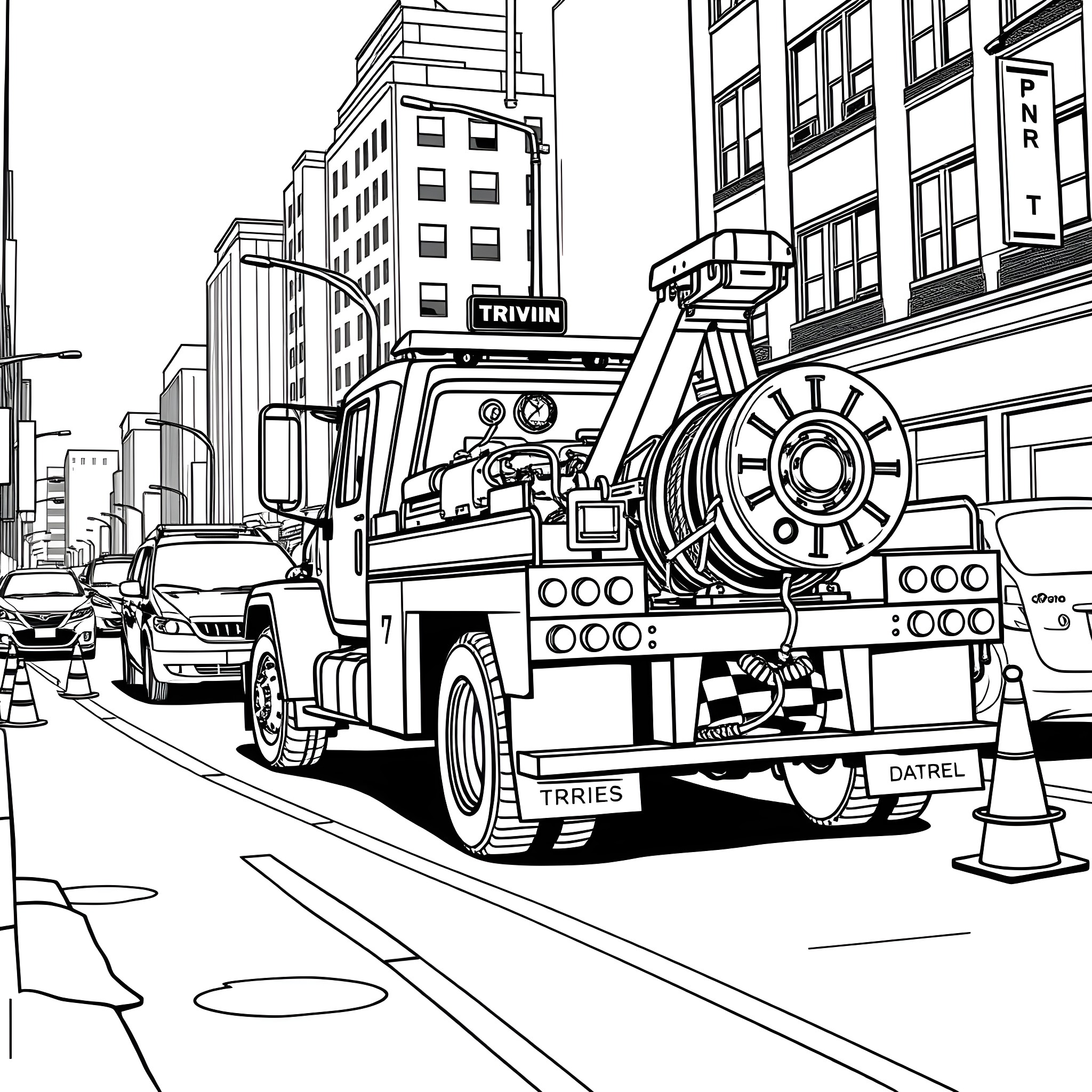 Tow Truck Assisting Disabled Vehicle in Busy City Coloring Page (free black-and-white line drawing printable PDF for all, from beginners to advanced learners, including children, teens, adults, and seniors)