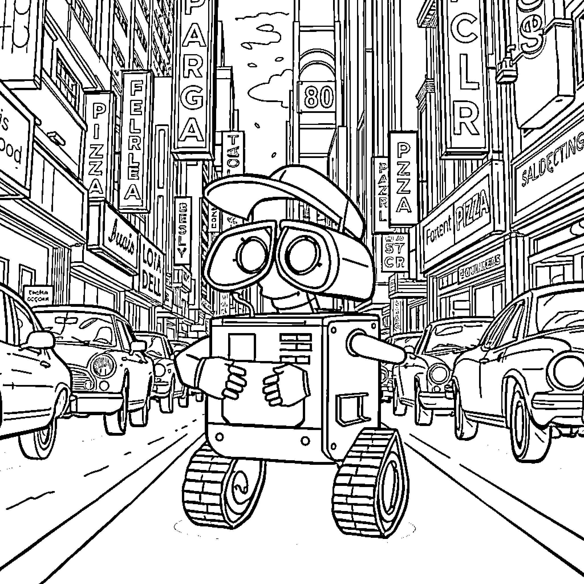Wall-E exploring the busy city streets Coloring Page (free black-and-white line drawing printable PDF for all, from beginners to advanced learners, including children, teens, adults, and seniors)