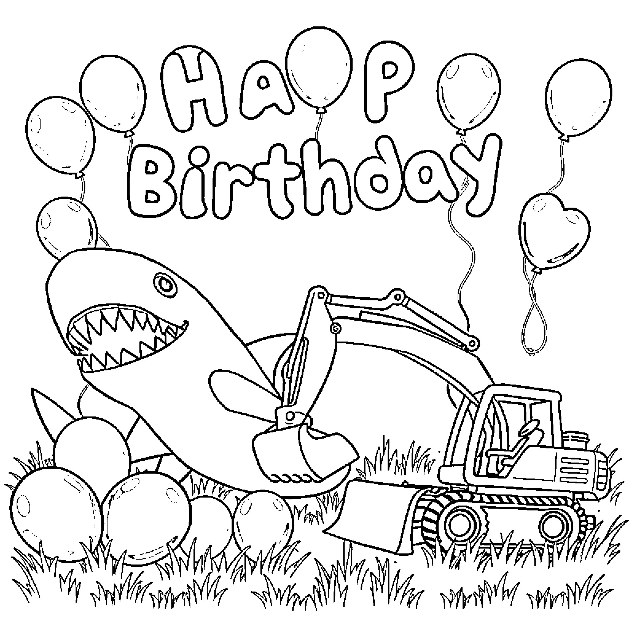 Dinosaur birthday celebration with balloons and excavator Coloring Page (free black-and-white line drawing printable PDF for all, from beginners to advanced learners, including children, teens, adults, and seniors)