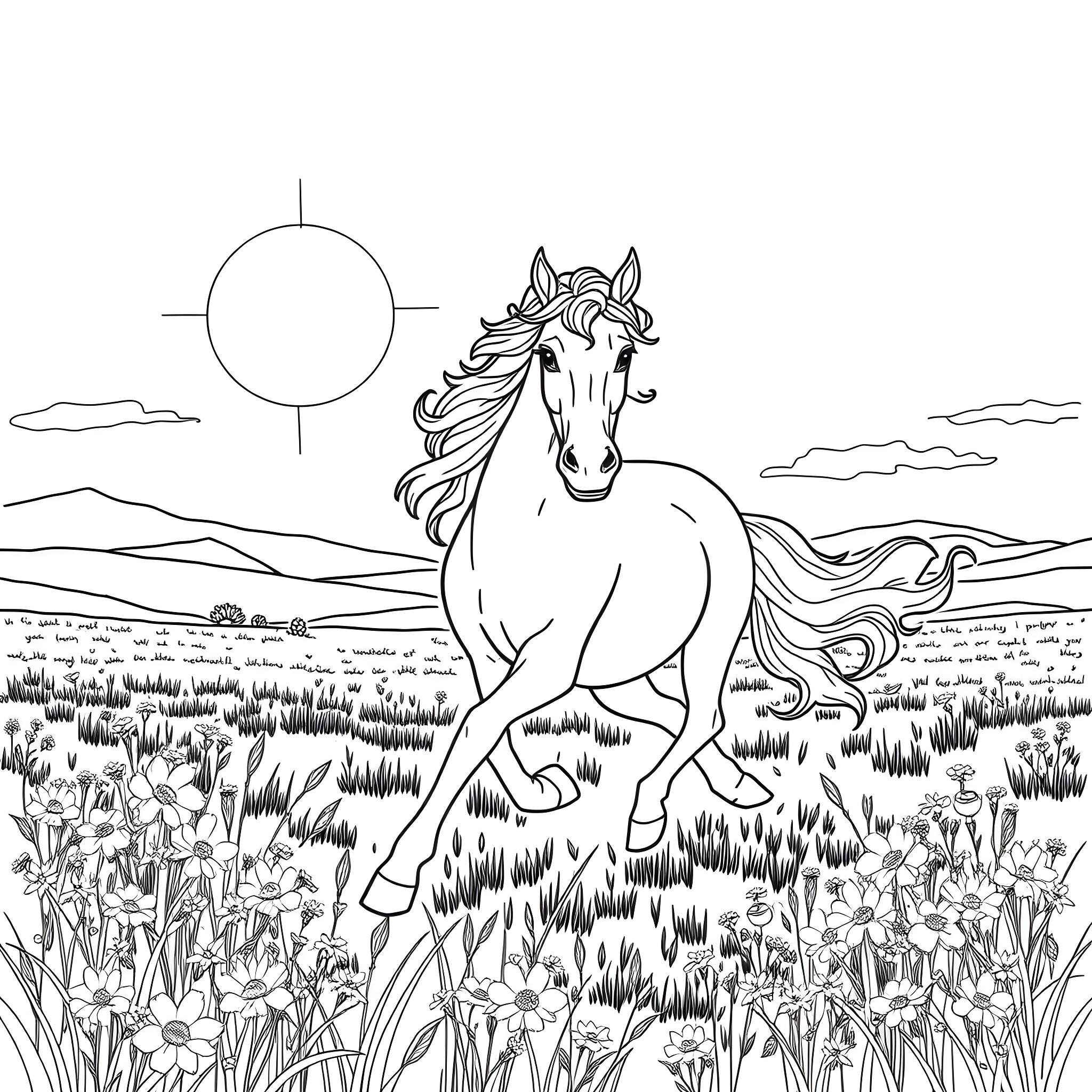 Unicorn galloping through a flower-filled meadow Coloring Page (free black-and-white line drawing printable PDF for all, from beginners to advanced learners, including children, teens, adults, and seniors)