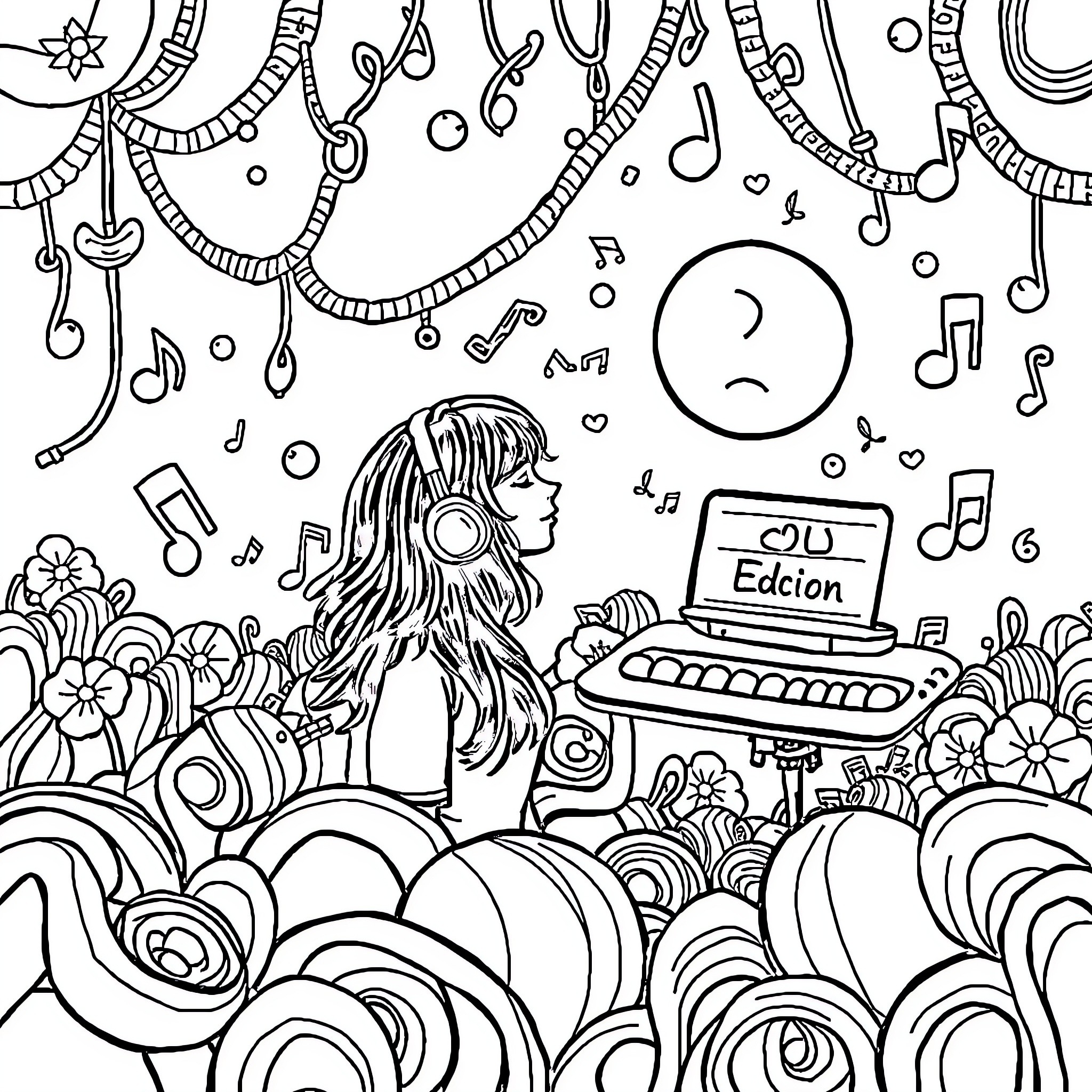 Aimep3 - Musician performing on stage with music notes Coloring Page (free black-and-white line drawing printable PDF for all, from beginners to advanced learners, including children, teens, adults, and seniors)