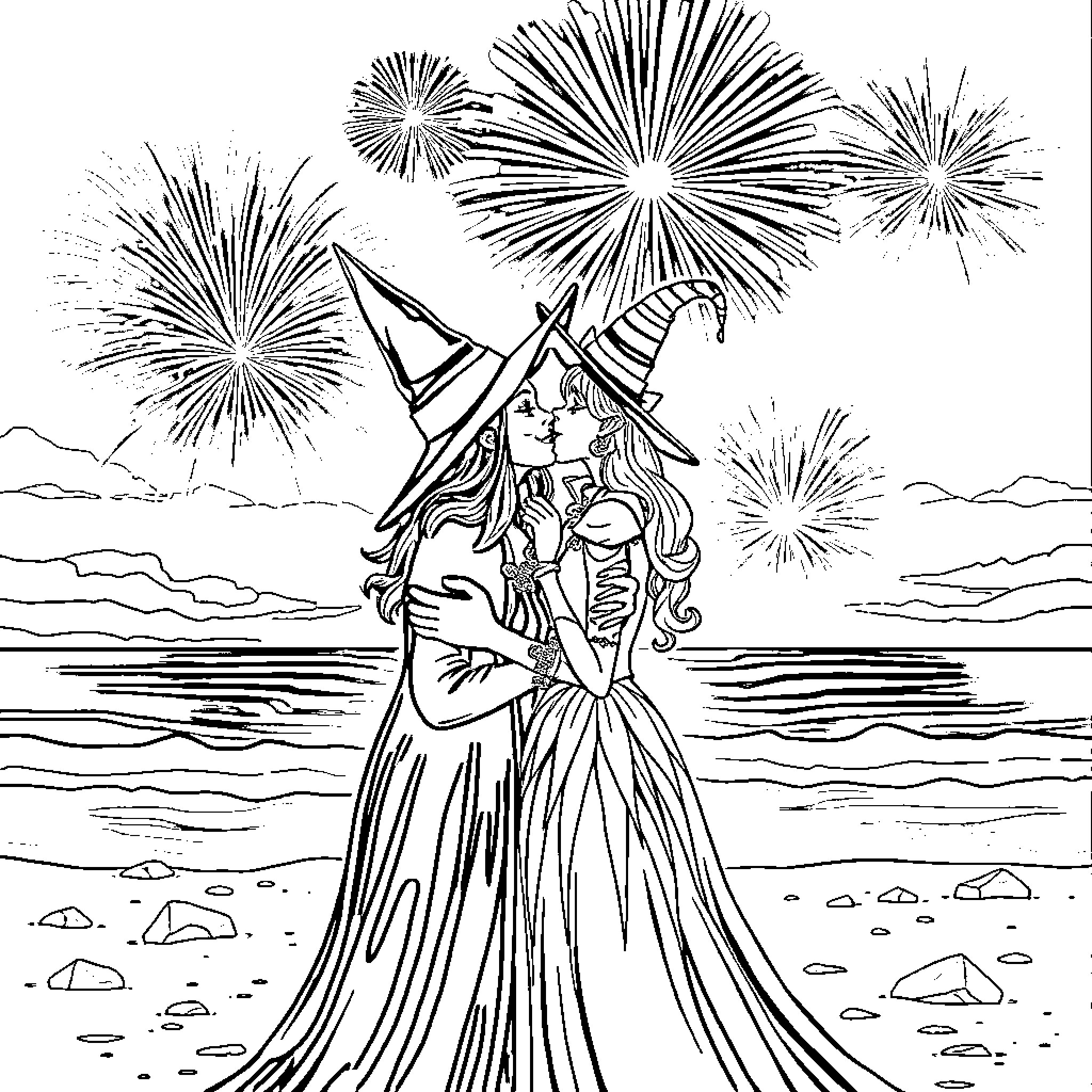 Elphaba and companion enjoying fireworks by the shore Coloring Page (free black-and-white line drawing printable PDF for all, from beginners to advanced learners, including children, teens, adults, and seniors)