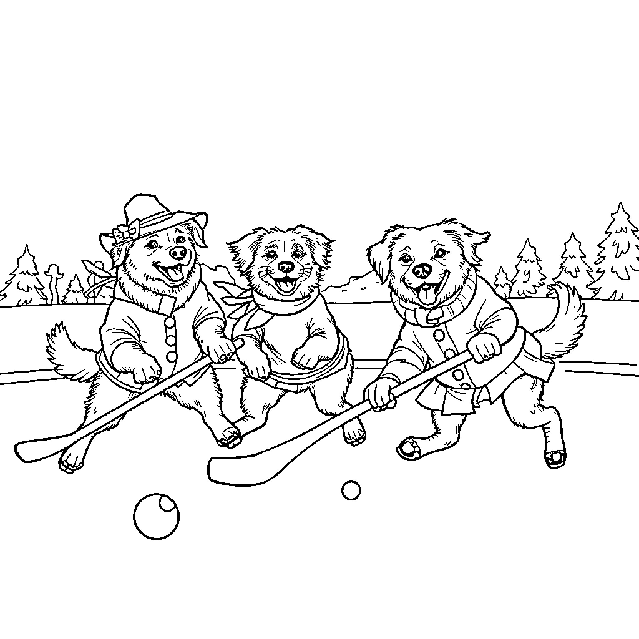 Dogs playing hockey in winter wonderland Coloring Page (free black-and-white line drawing printable PDF for all, from beginners to advanced learners, including children, teens, adults, and seniors)