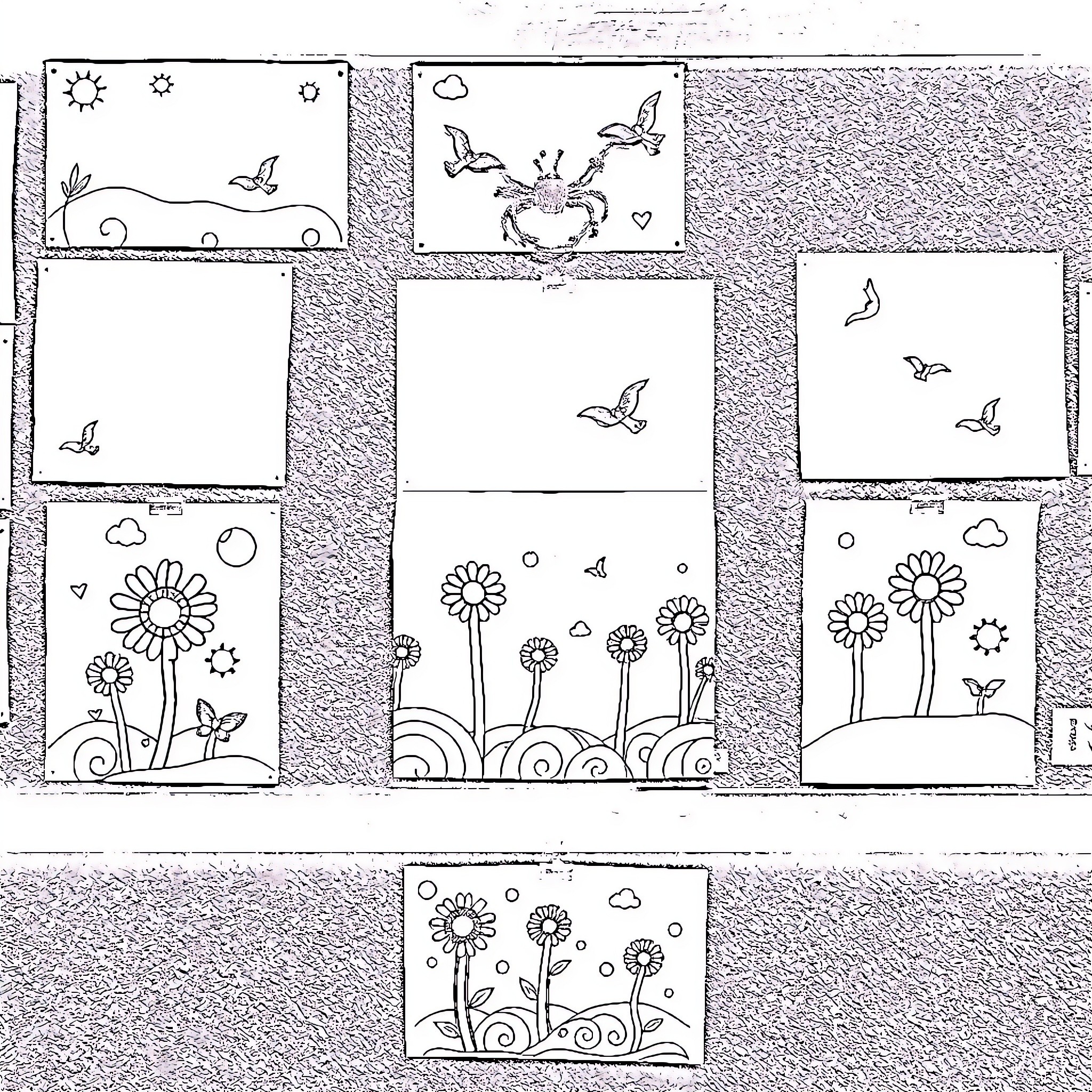 School Work: Whimsical Floral Drawings Coloring Page (free black-and-white line drawing printable PDF for all, from beginners to advanced learners, including children, teens, adults, and seniors)