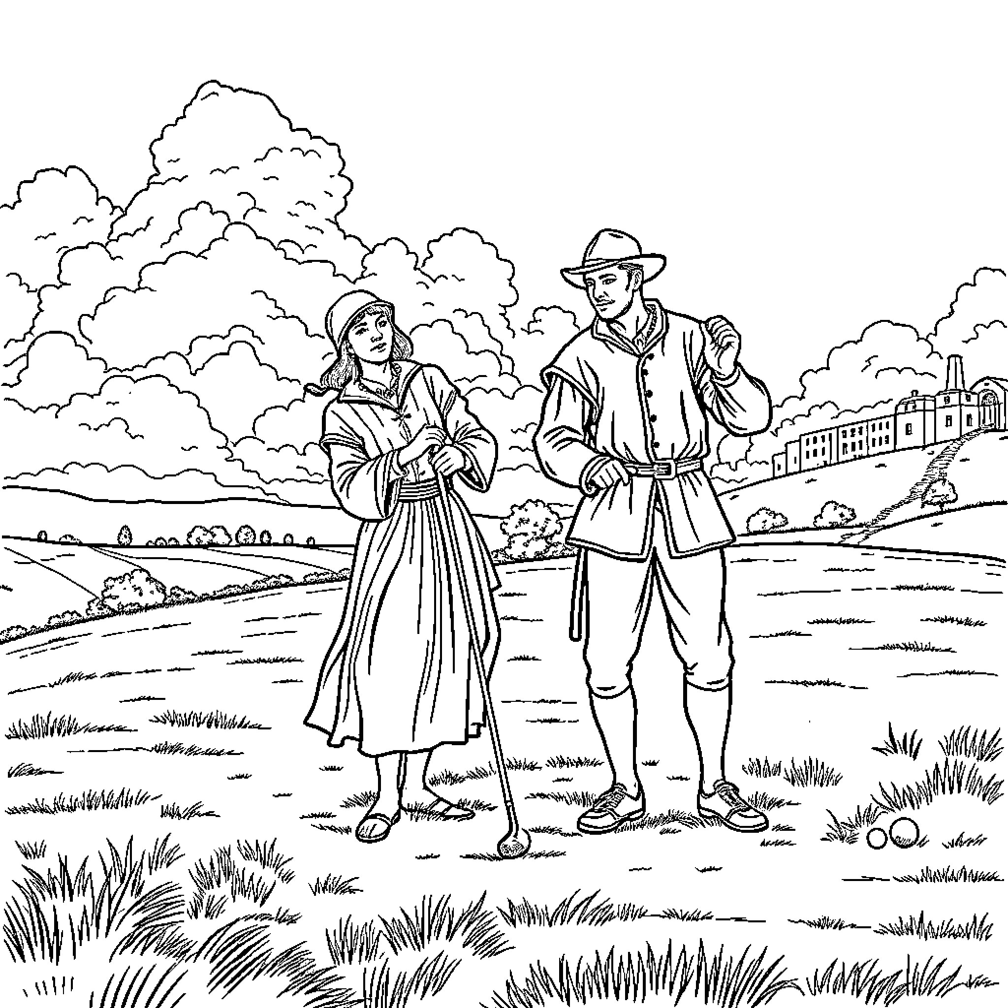 Golfer couple enjoying a countryside stroll Coloring Page (free black-and-white line drawing printable PDF for all, from beginners to advanced learners, including children, teens, adults, and seniors)