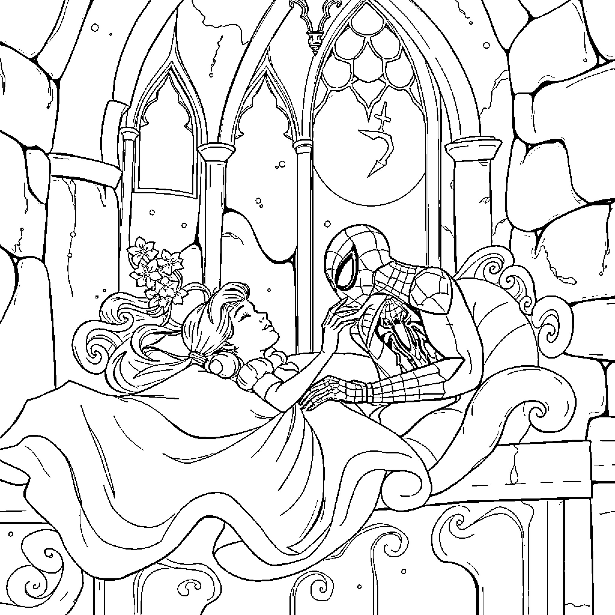 Sleeping Beauty meets Spider-Man in a fantasy castle Coloring Page (free black-and-white line drawing printable PDF for all, from beginners to advanced learners, including children, teens, adults, and seniors)