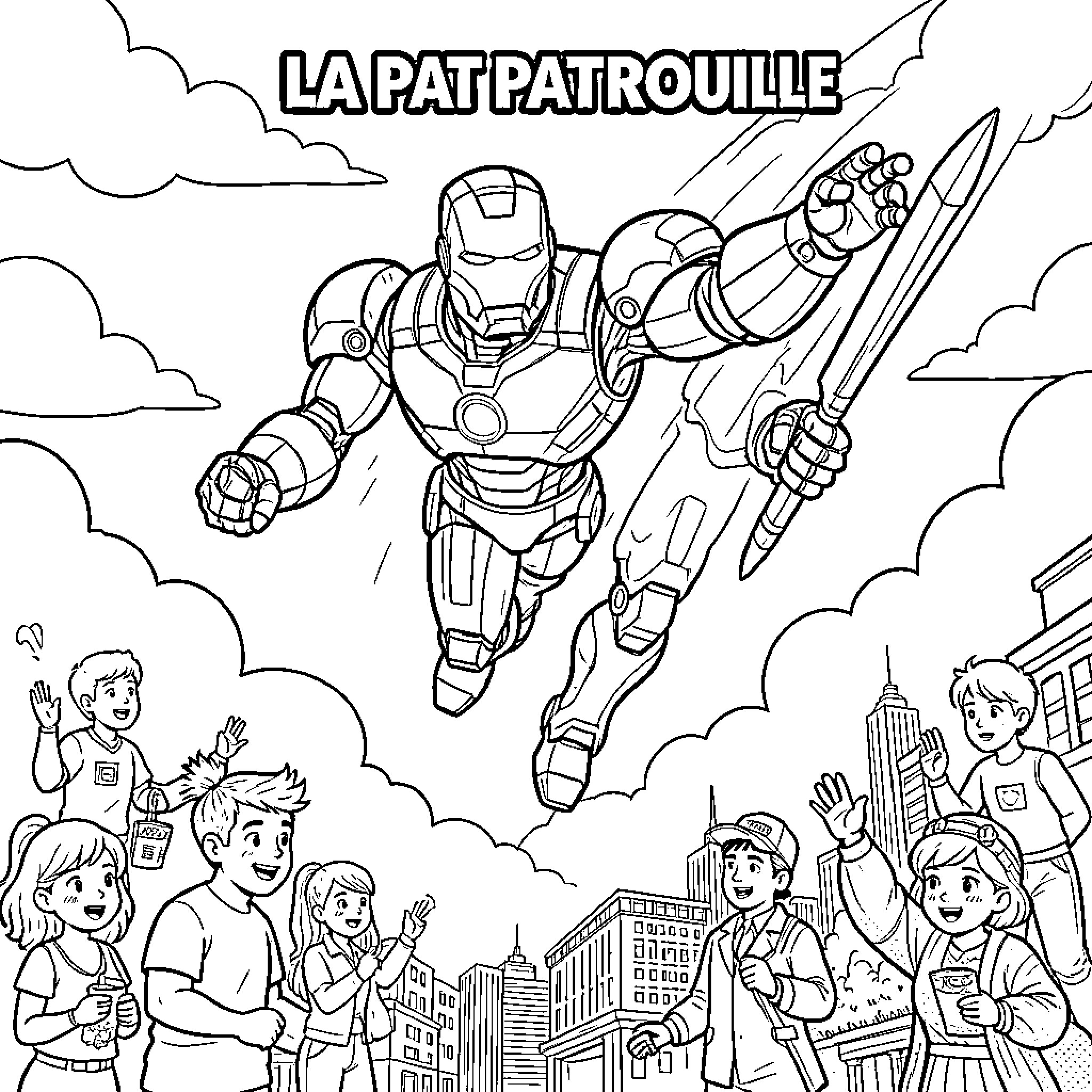 Patrouille of a superhero flying over cheering children Coloring Page (free black-and-white line drawing printable PDF for all, from beginners to advanced learners, including children, teens, adults, and seniors)
