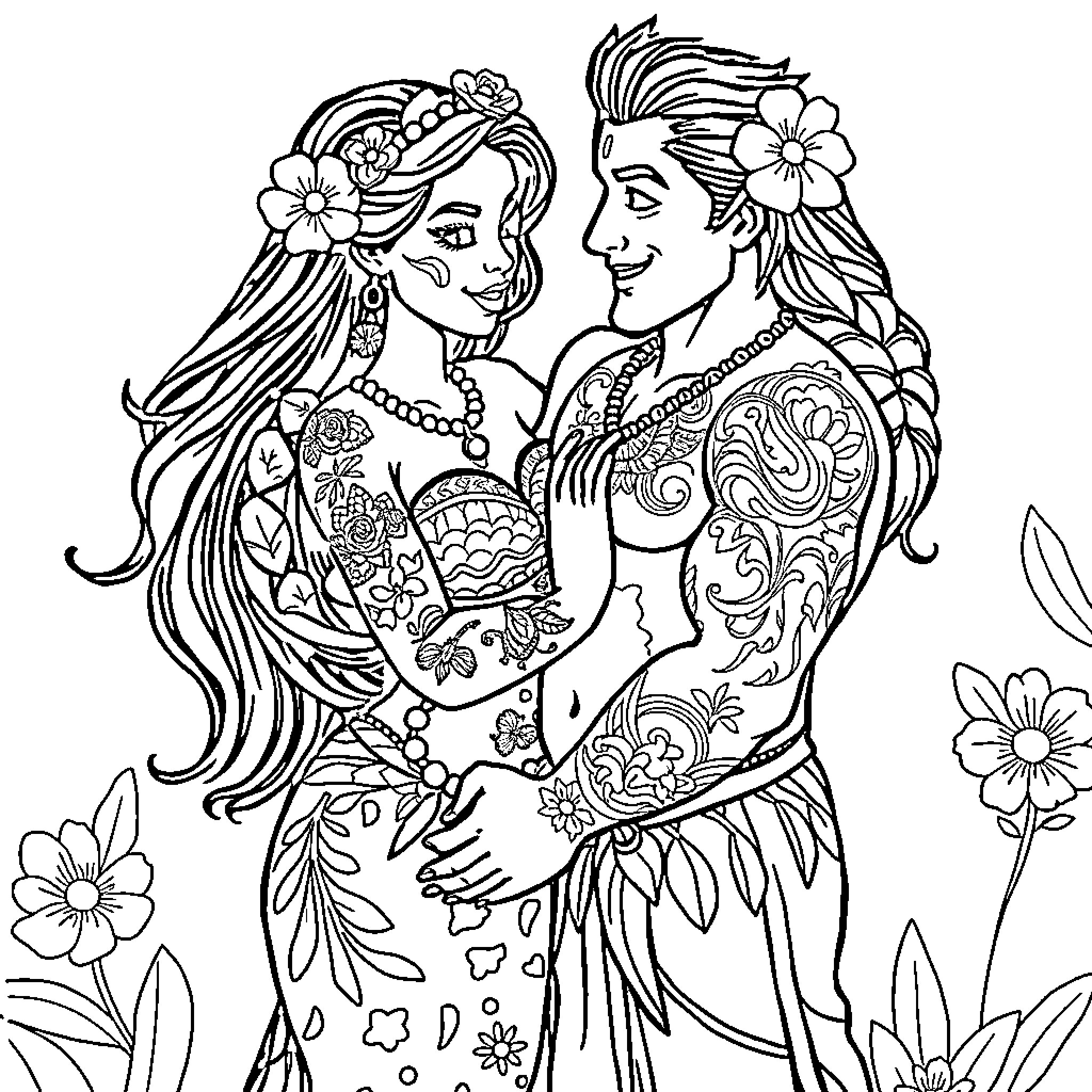 Vaiana and Maui embrace in a floral scene Coloring Page (free black-and-white line drawing printable PDF for all, from beginners to advanced learners, including children, teens, adults, and seniors)
