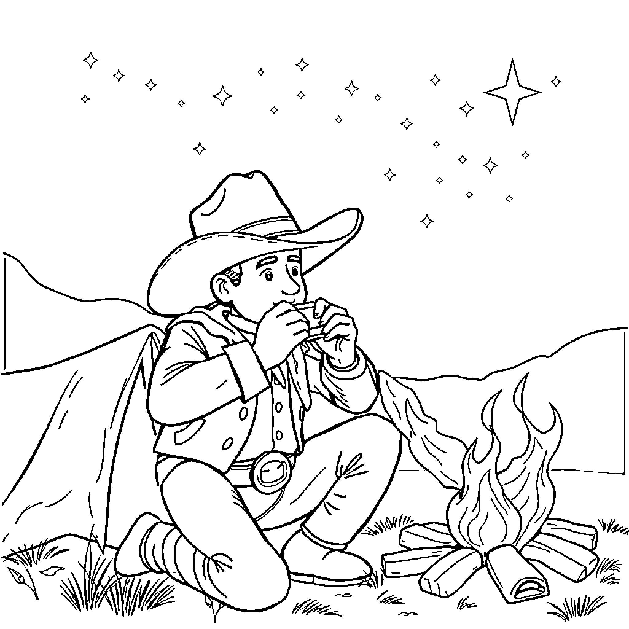Cowboy sitting by campfire in the wilderness Coloring Page (free black-and-white line drawing printable PDF for all, from beginners to advanced learners, including children, teens, adults, and seniors)