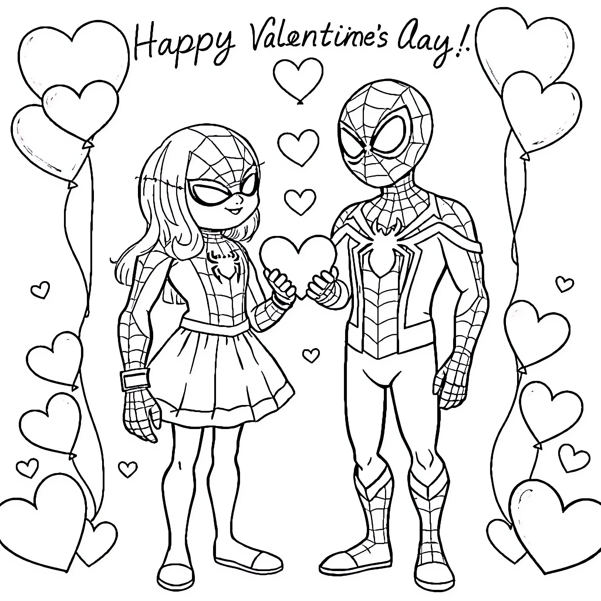 Spider-Man and girlfriend celebrating Valentine's Day Coloring Page (free black-and-white line drawing printable PDF for all, from beginners to advanced learners, including children, teens, adults, and seniors)