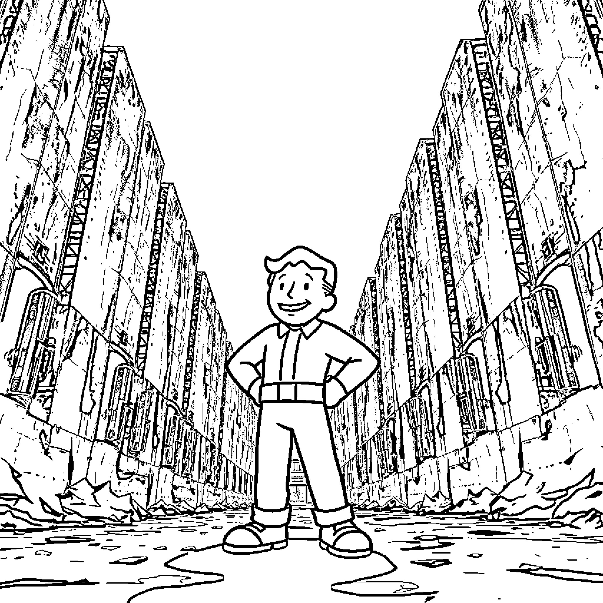 Fallout Boy Explores Ruins of Destroyed City Coloring Page (free black-and-white line drawing printable PDF for all, from beginners to advanced learners, including children, teens, adults, and seniors)