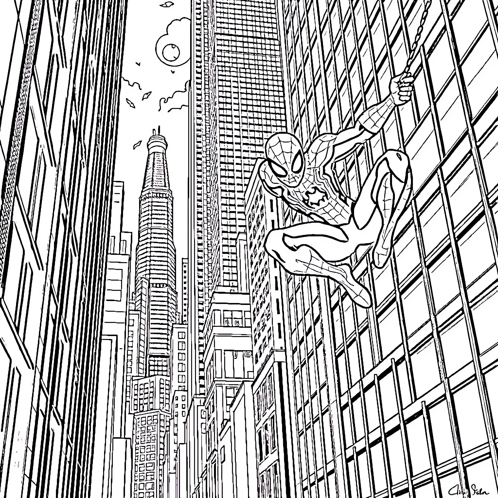 Spider-Man swinging through the cityscape Coloring Page (free black-and-white line drawing printable PDF for all, from beginners to advanced learners, including children, teens, adults, and seniors)