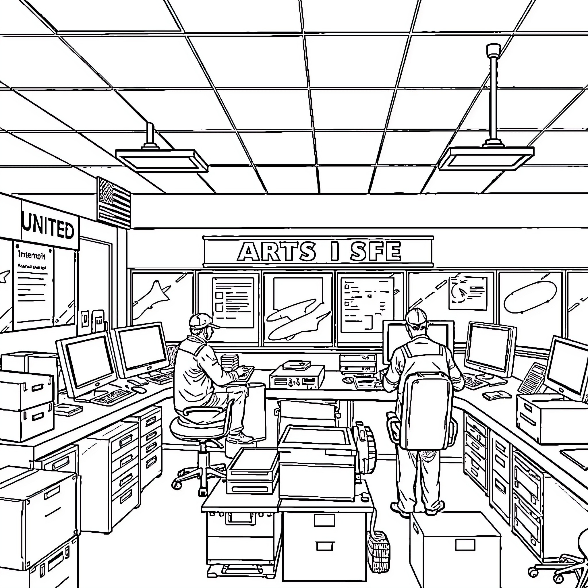 United Airlines employees working in office environment Coloring Page (free black-and-white line drawing printable PDF for all, from beginners to advanced learners, including children, teens, adults, and seniors)