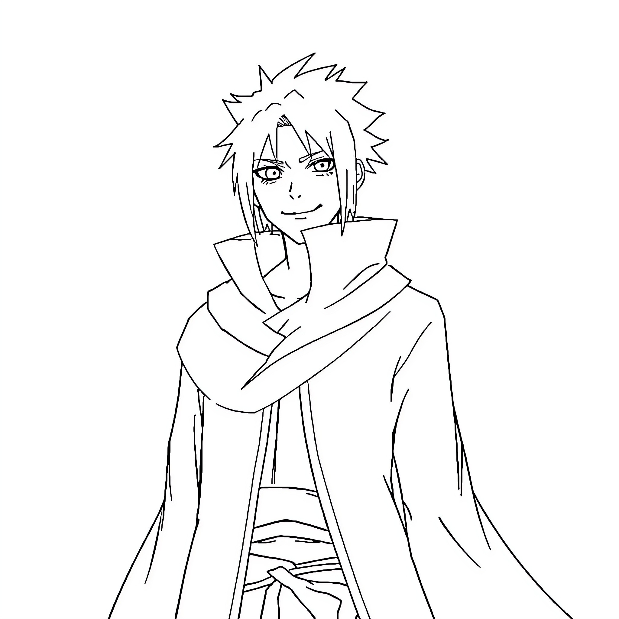 Minato smiling warmly in cozy attire Coloring Page (free black-and-white line drawing printable PDF for all, from beginners to advanced learners, including children, teens, adults, and seniors)