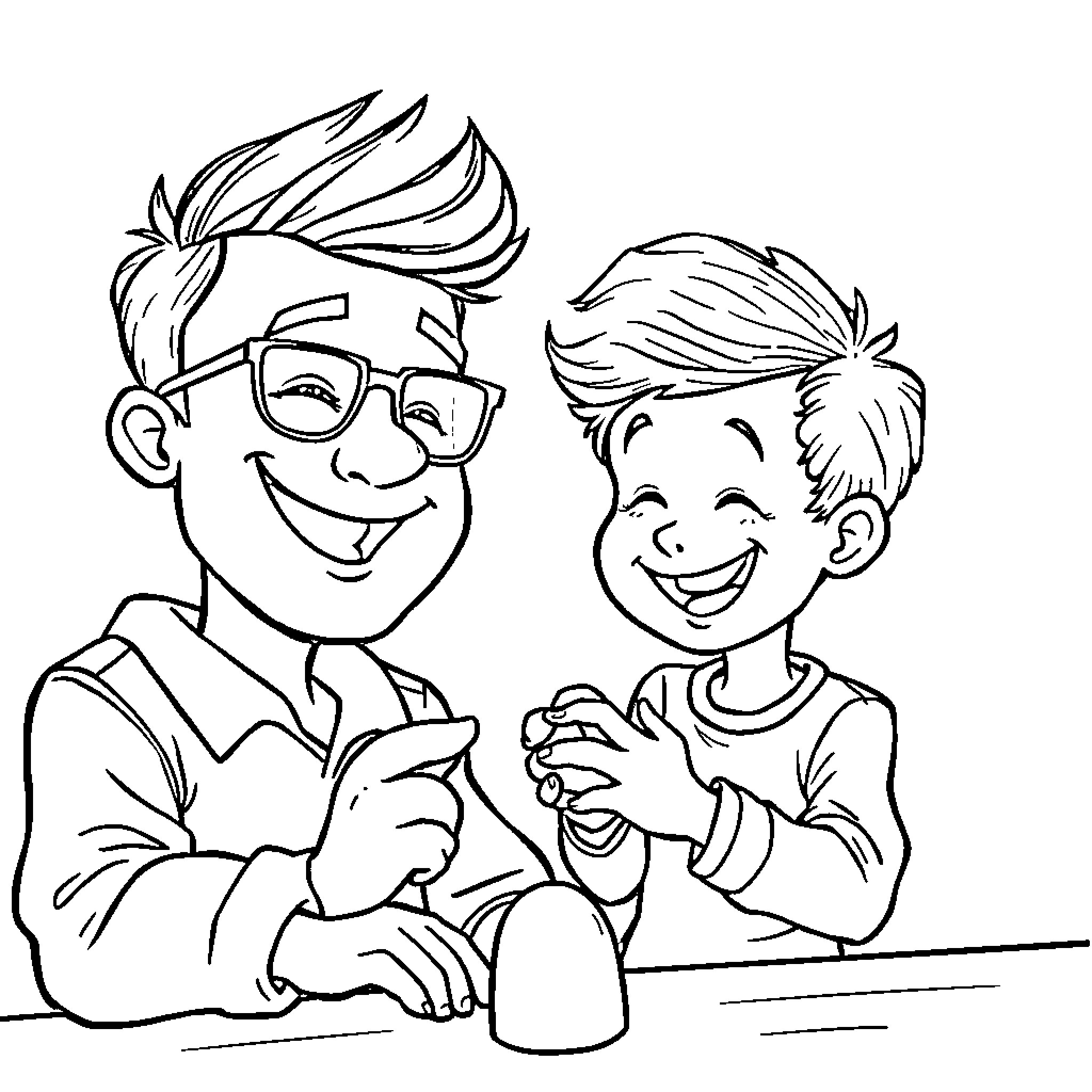 Frère's Friendly Chat with Young Sibling Coloring Page (free black-and-white line drawing printable PDF for all, from beginners to advanced learners, including children, teens, adults, and seniors)