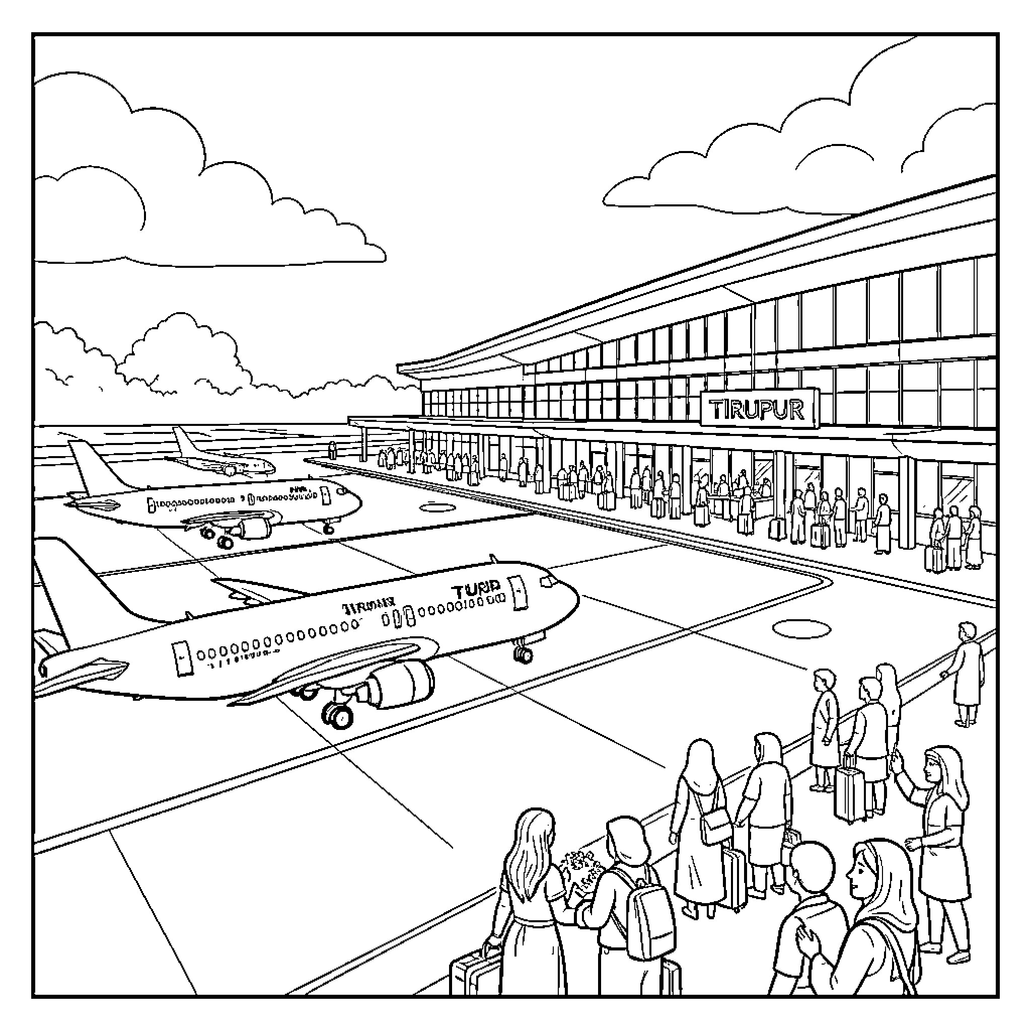 Airport scene with airplanes and passengers waiting Coloring Page (free black-and-white line drawing printable PDF for all, from beginners to advanced learners, including children, teens, adults, and seniors)