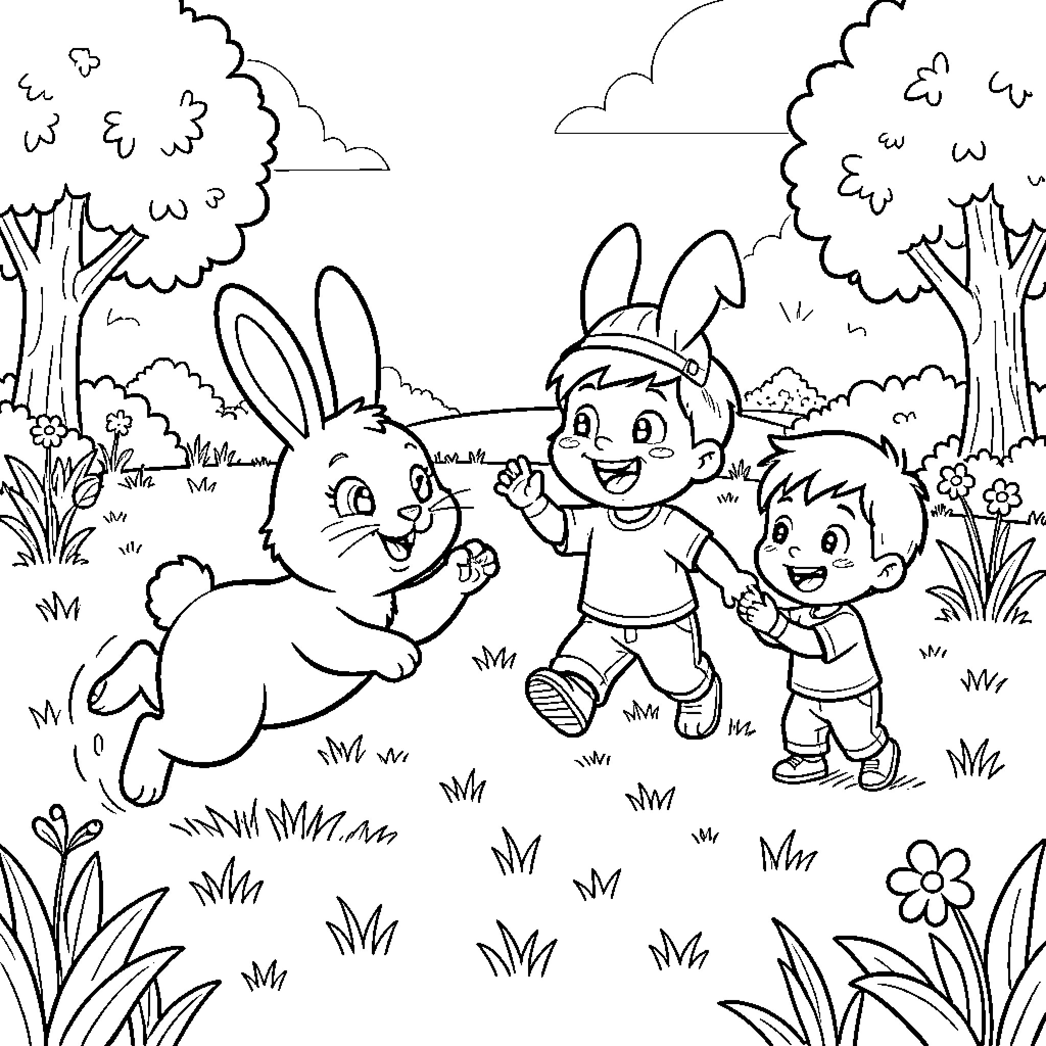 Bunny jumping playfully with two happy children Coloring Page (free black-and-white line drawing printable PDF for all, from beginners to advanced learners, including children, teens, adults, and seniors)