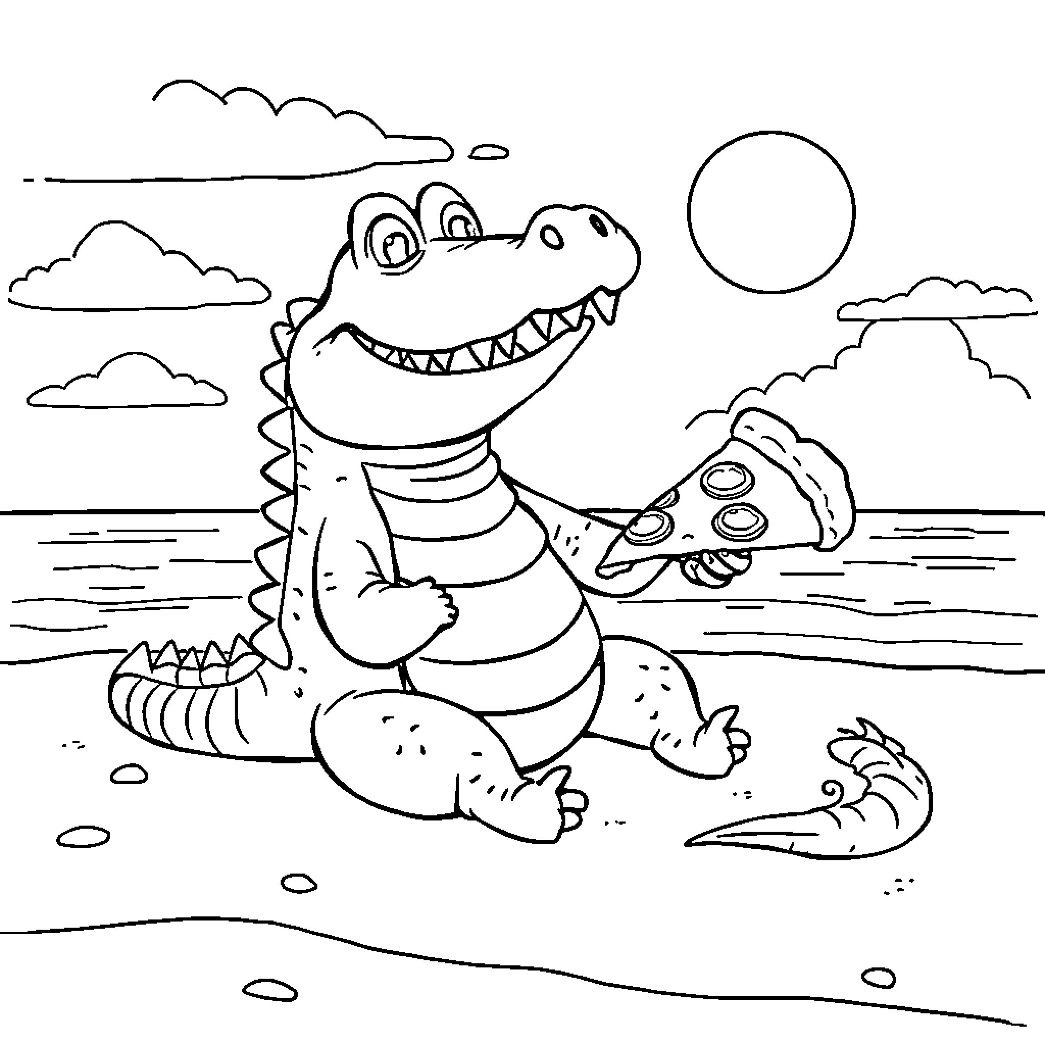 Crocodile enjoying a slice of pizza on the beach Coloring Page (free black-and-white line drawing printable PDF for all, from beginners to advanced learners, including children, teens, adults, and seniors)