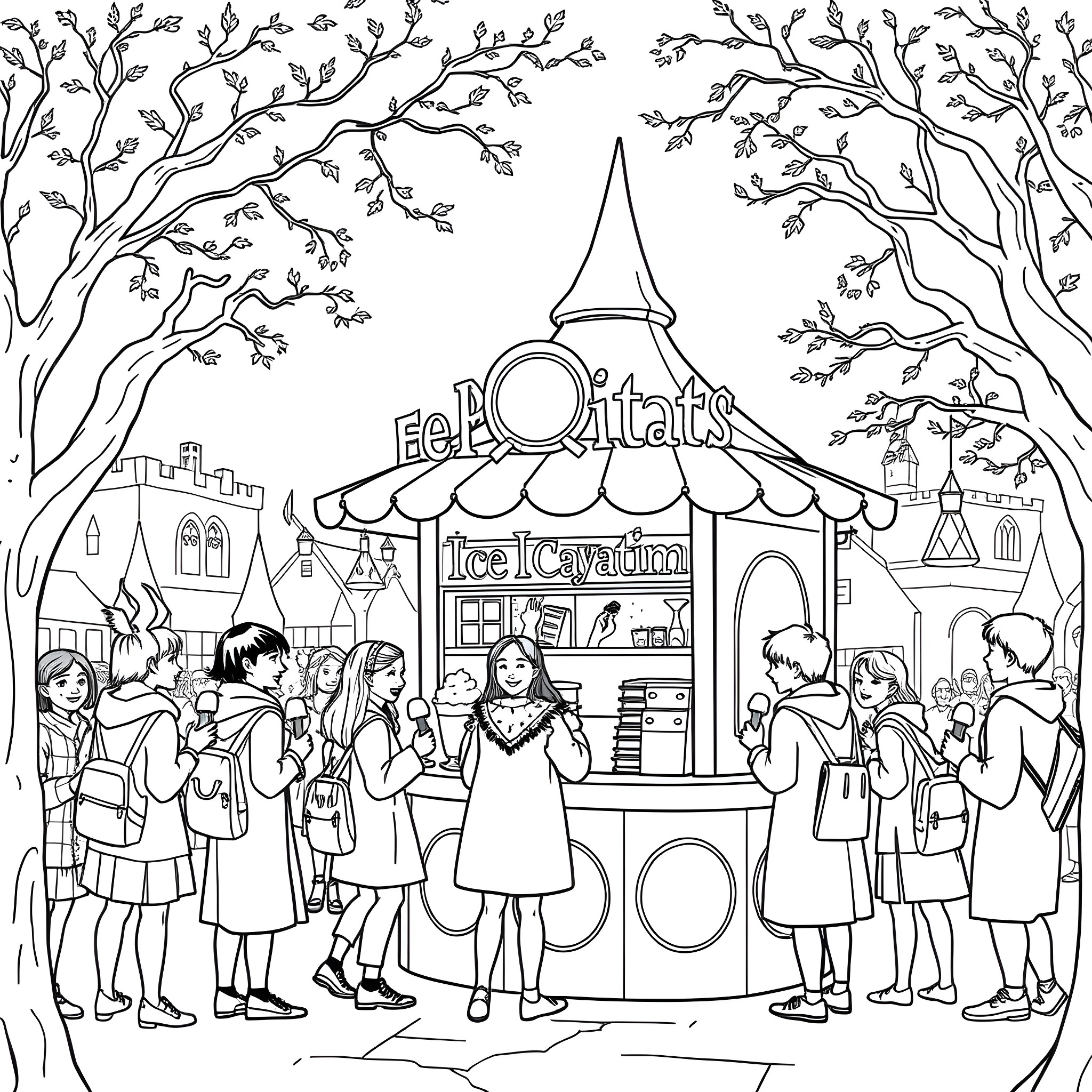 Hogwarts Students Visiting the Ice Cream Stand Coloring Page (free black-and-white line drawing printable PDF for all, from beginners to advanced learners, including children, teens, adults, and seniors)