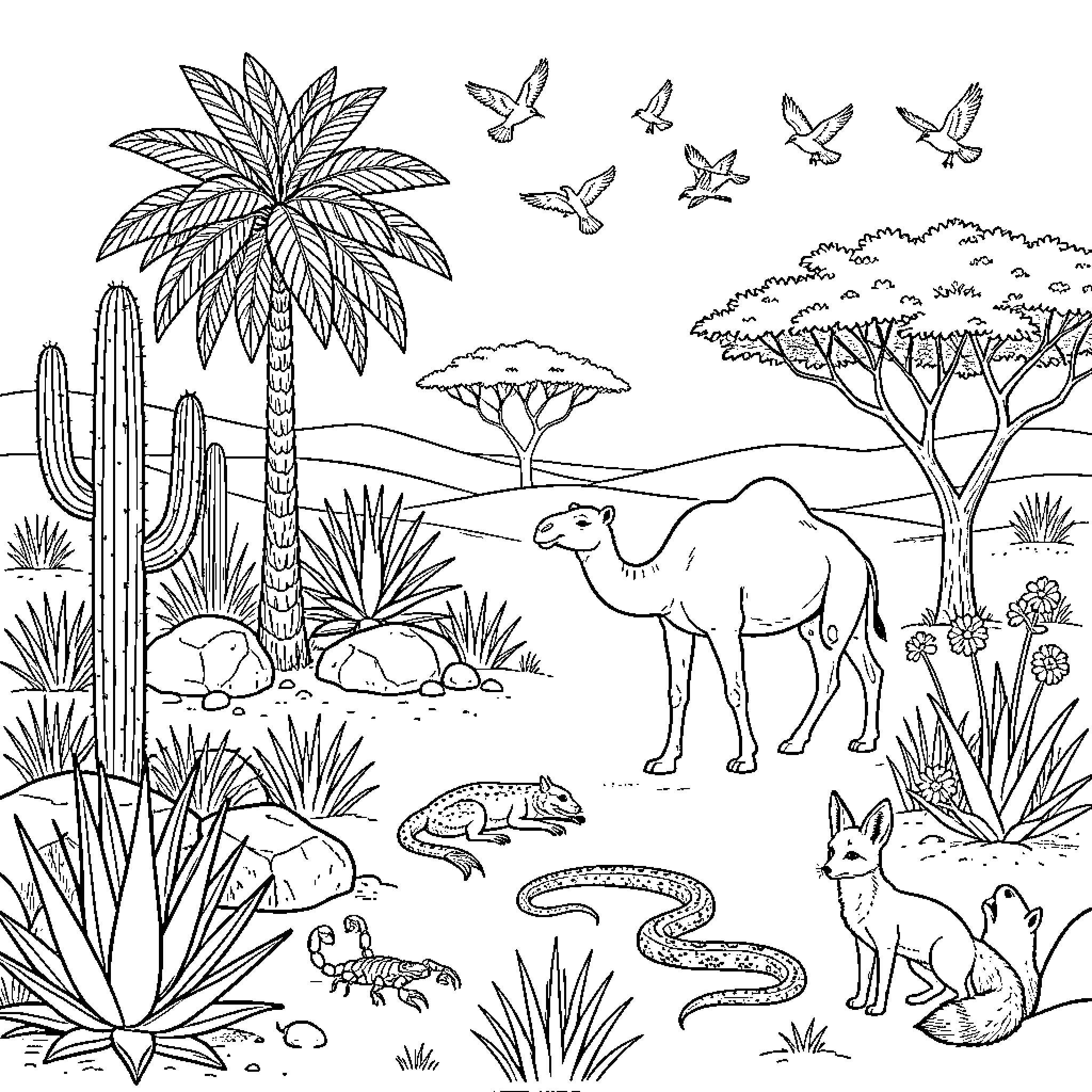 Desert Animal scene with camels and various wildlife Coloring Page (free black-and-white line drawing printable PDF for all, from beginners to advanced learners, including children, teens, adults, and seniors)
