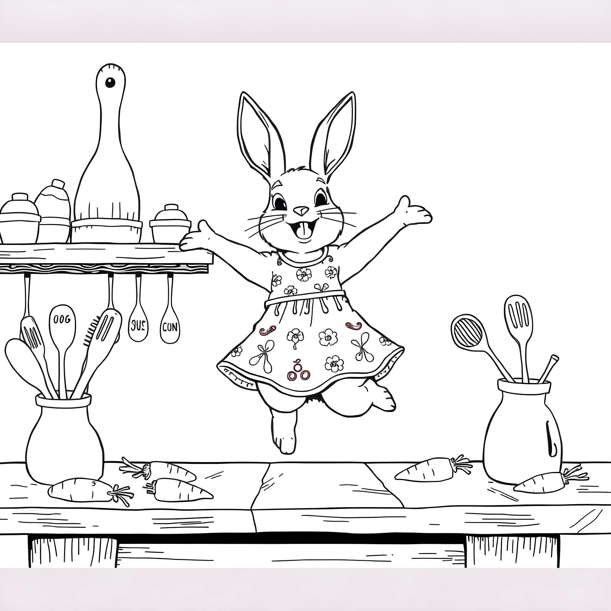 Rabbit in apron happily jumping in kitchen Coloring Page (free black-and-white line drawing printable PDF for all, from beginners to advanced learners, including children, teens, adults, and seniors)