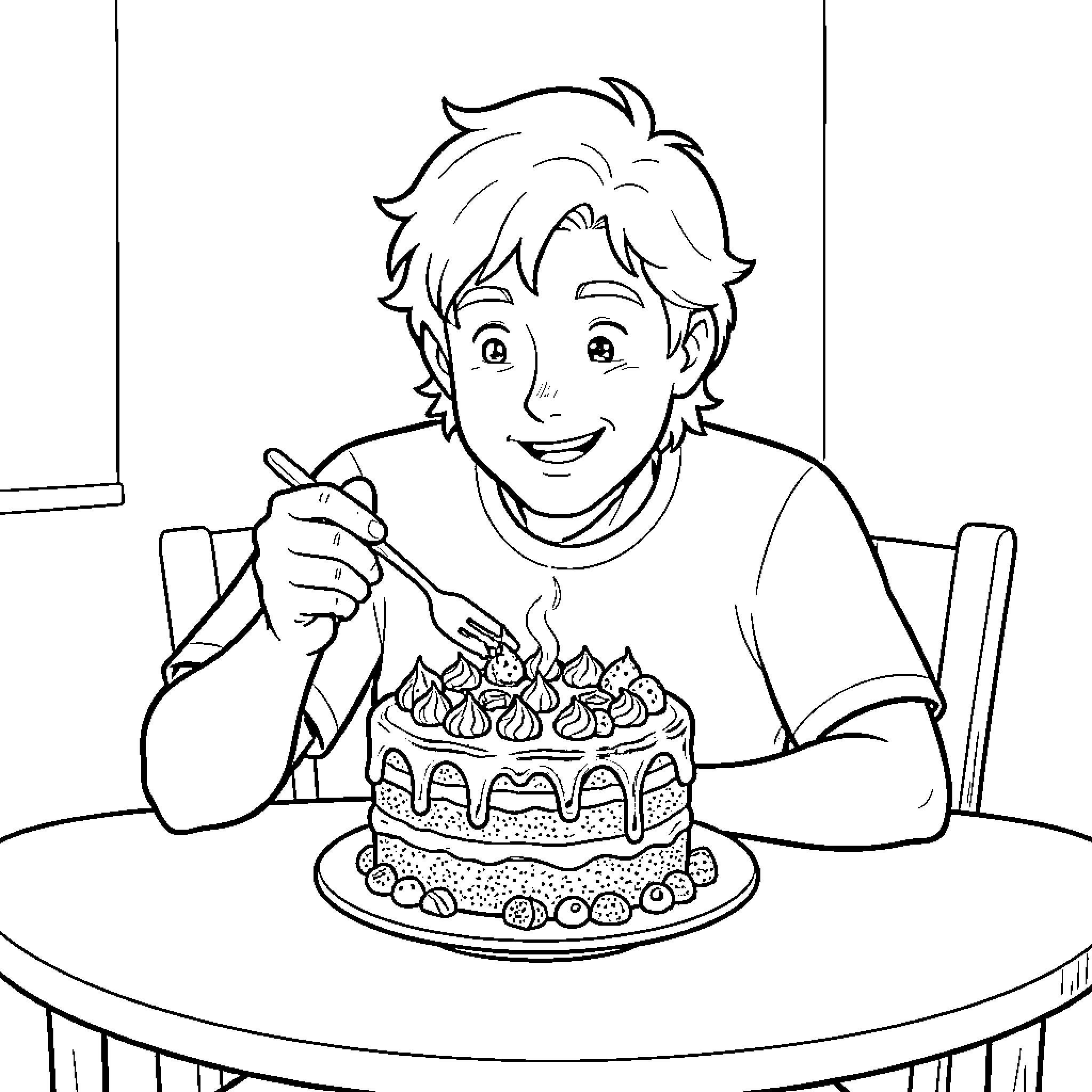 Leon celebrating with a birthday cake Coloring Page (free black-and-white line drawing printable PDF for all, from beginners to advanced learners, including children, teens, adults, and seniors)