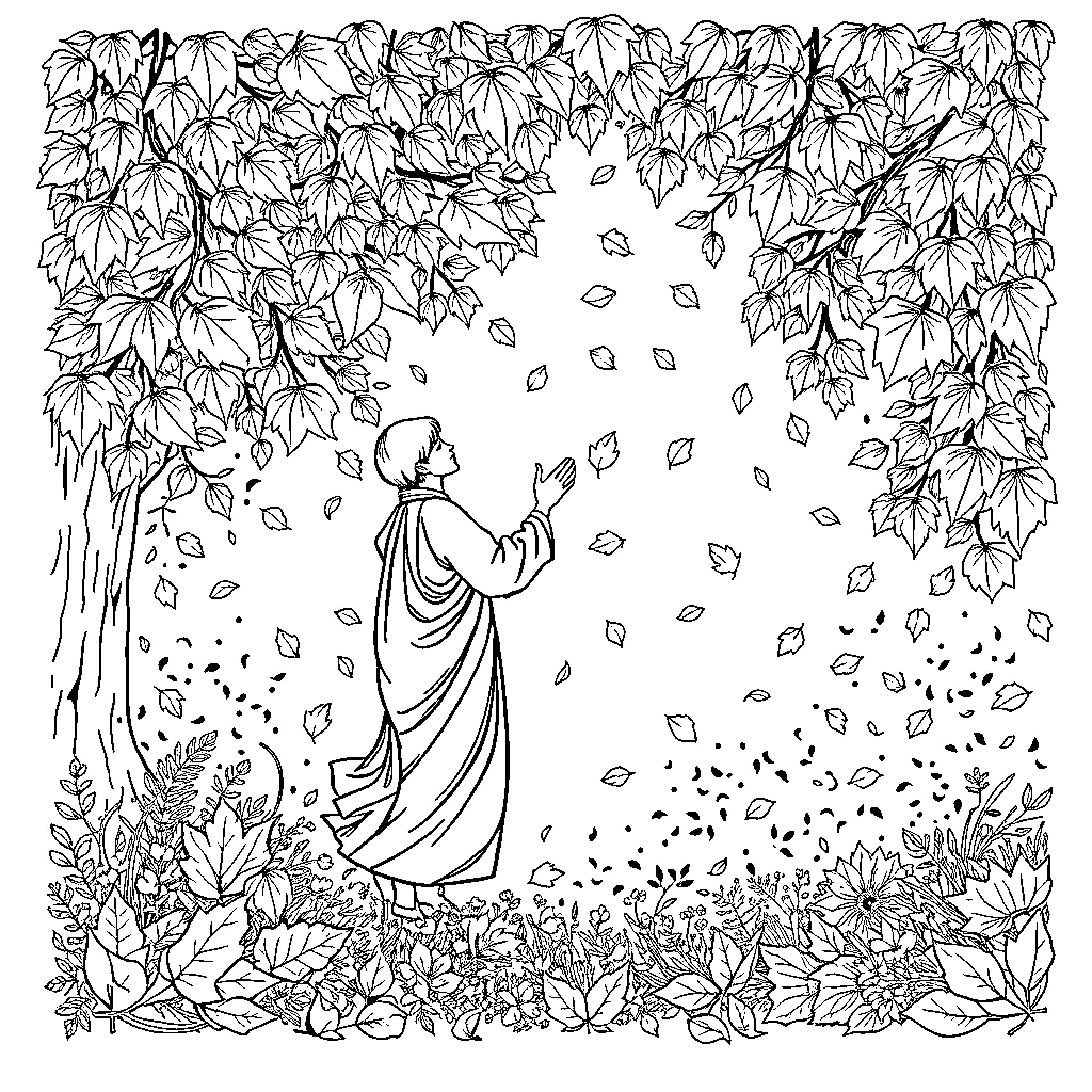 Fall Leaves Swirling Around Cloaked Figure in Forest Coloring Page (free black-and-white line drawing printable PDF for all, from beginners to advanced learners, including children, teens, adults, and seniors)