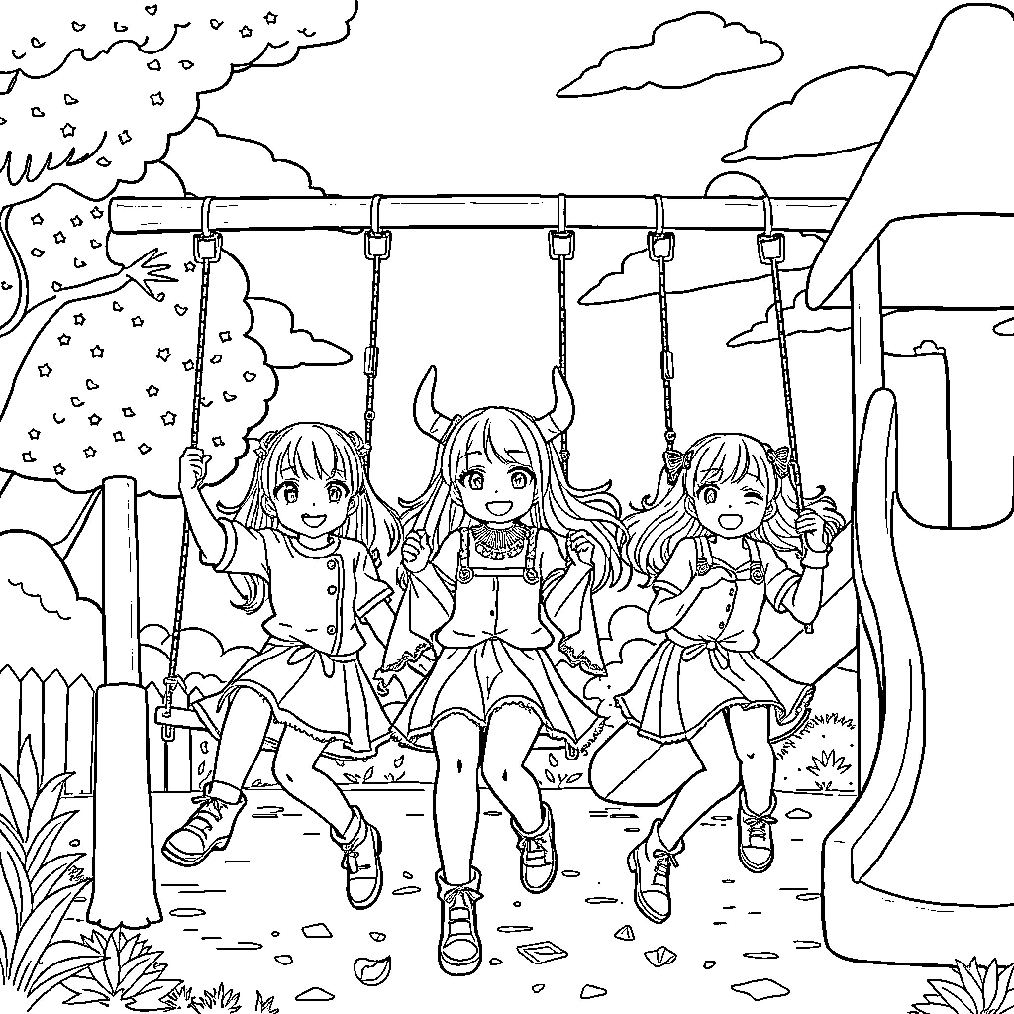 Demon Hunter Girls Swing on Playground Coloring Page (free black-and-white line drawing printable PDF for all, from beginners to advanced learners, including children, teens, adults, and seniors)