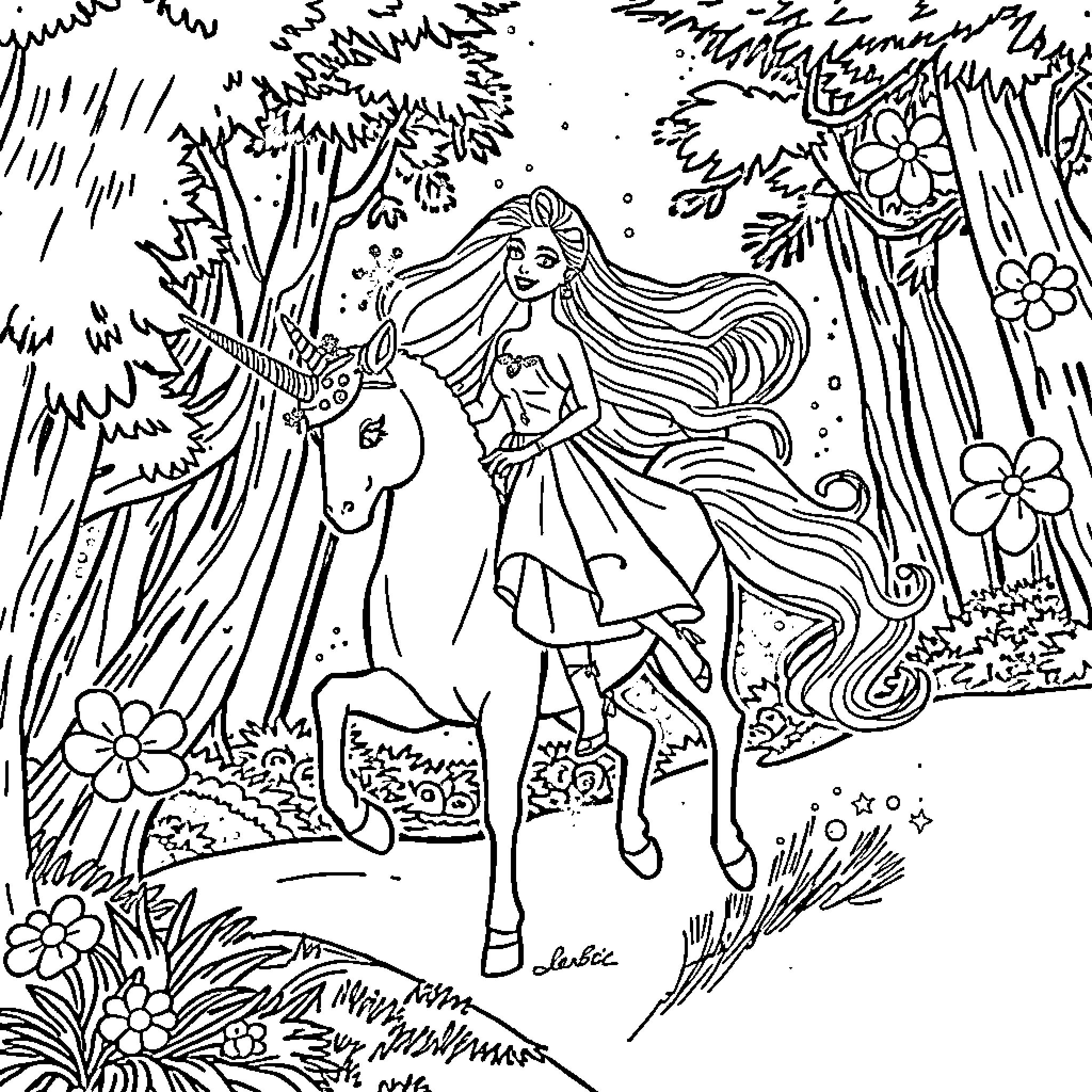 Barbie riding a unicorn through a magical forest Coloring Page (free black-and-white line drawing printable PDF for all, from beginners to advanced learners, including children, teens, adults, and seniors)