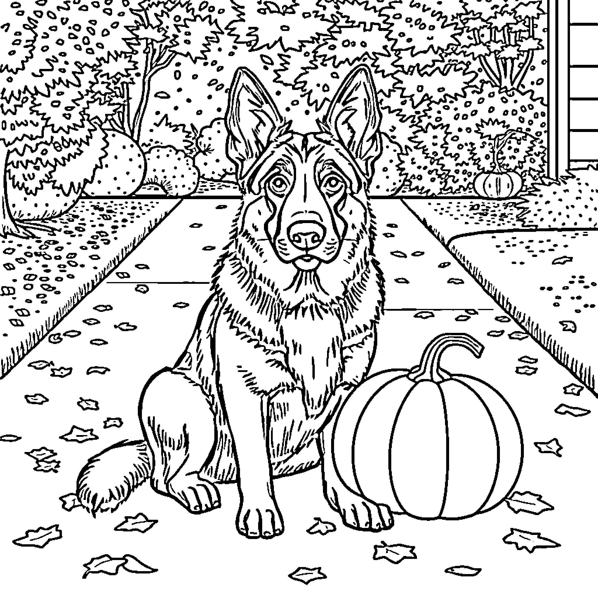 German Shepherd Guarding a Pumpkin in Autumn Leaves Coloring Page (free black-and-white line drawing printable PDF for all, from beginners to advanced learners, including children, teens, adults, and seniors)