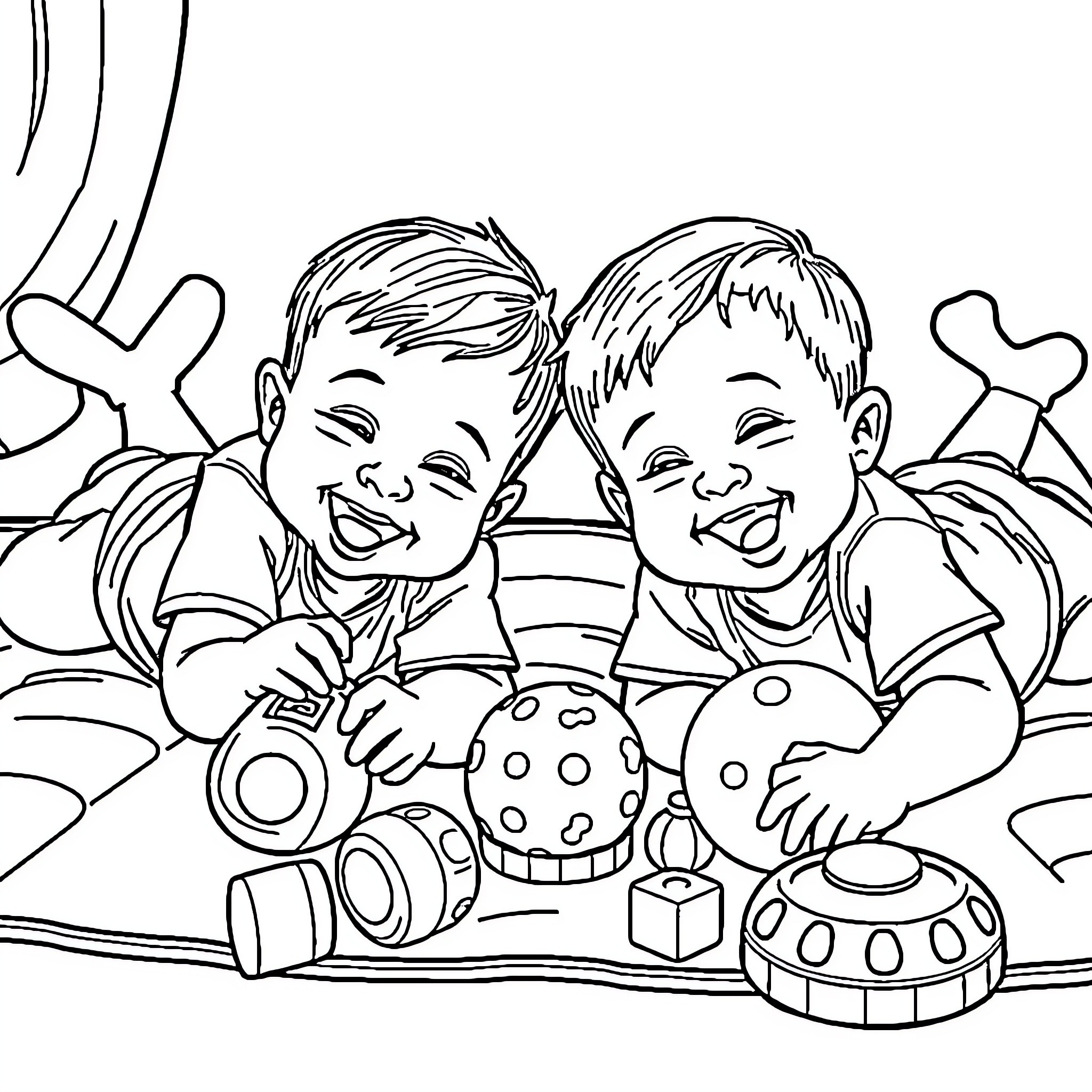 Toddlers playing happily with toys Coloring Page (free black-and-white line drawing printable PDF for all, from beginners to advanced learners, including children, teens, adults, and seniors)