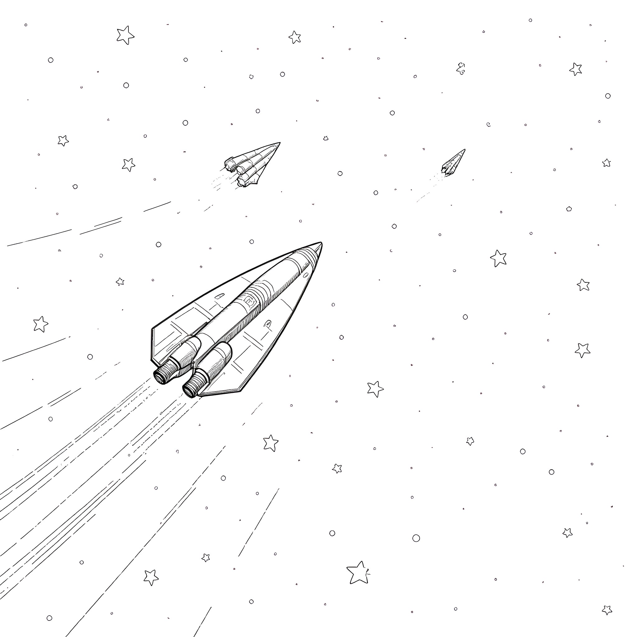 Spaceships soaring through the starry night sky Coloring Page (free black-and-white line drawing printable PDF for all, from beginners to advanced learners, including children, teens, adults, and seniors)