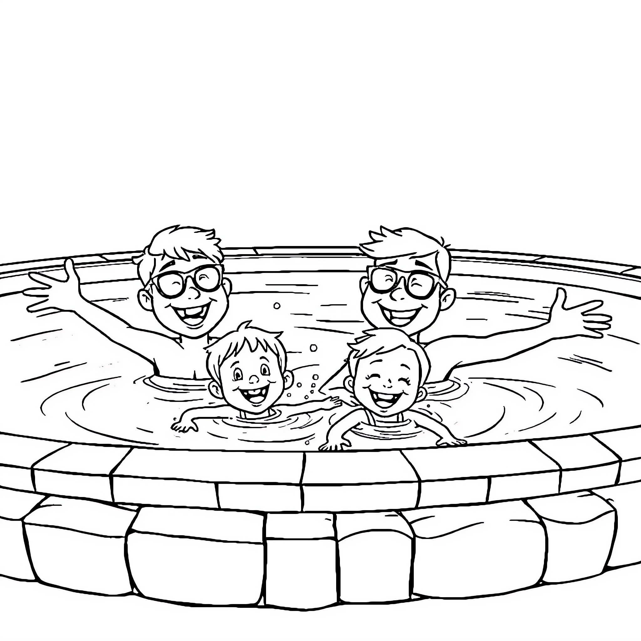 Bluey's Family Fun Time in the Pool Coloring Page (free black-and-white line drawing printable PDF for all, from beginners to advanced learners, including children, teens, adults, and seniors)