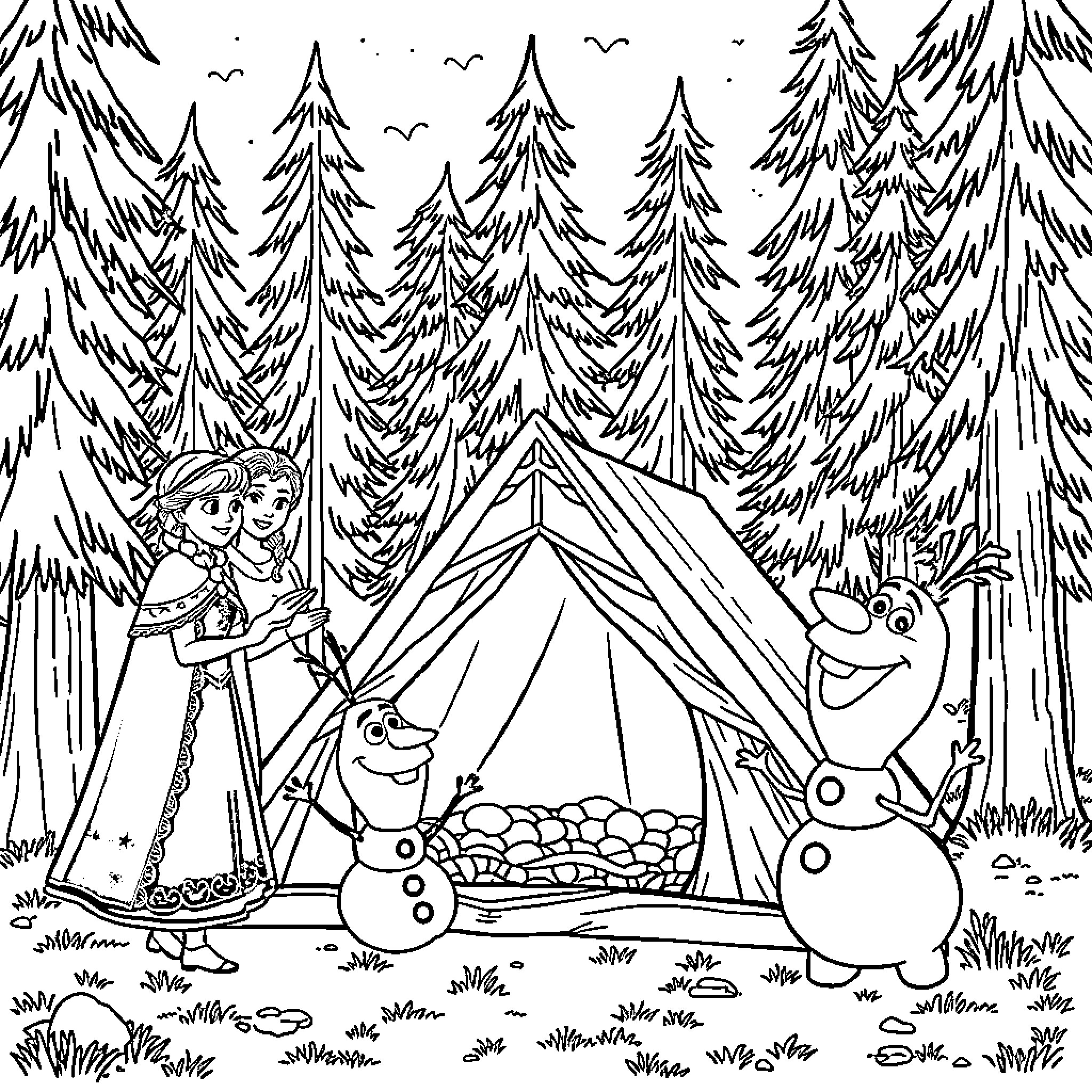 Anna's Winter Camping Adventure Coloring Page (free black-and-white line drawing printable PDF for all, from beginners to advanced learners, including children, teens, adults, and seniors)