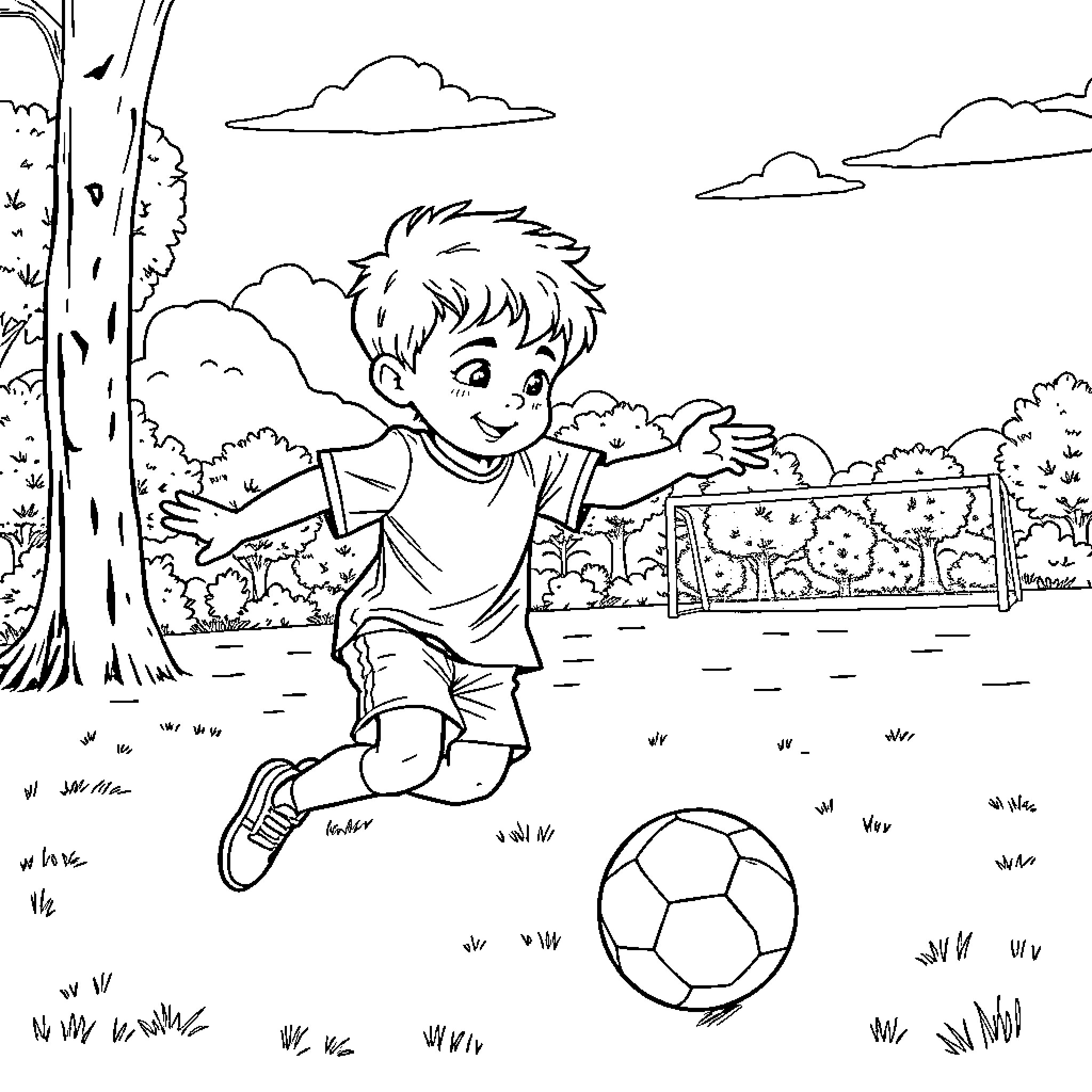 Child playing with soccer ball in park Coloring Page (free black-and-white line drawing printable PDF for all, from beginners to advanced learners, including children, teens, adults, and seniors)