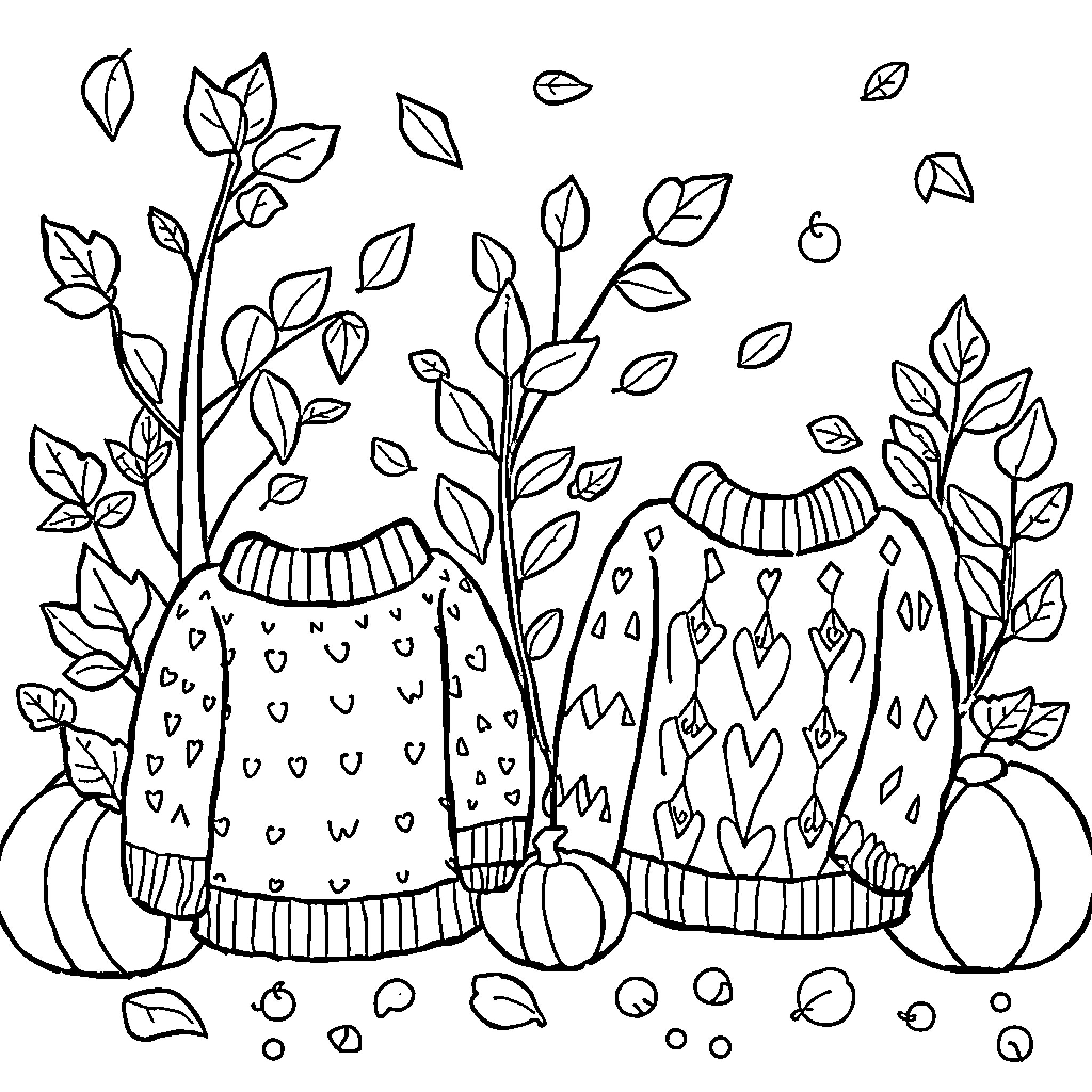 Fall Cozy Scene with Patterned Sweaters and Leaves Coloring Page (free black-and-white line drawing printable PDF for all, from beginners to advanced learners, including children, teens, adults, and seniors)