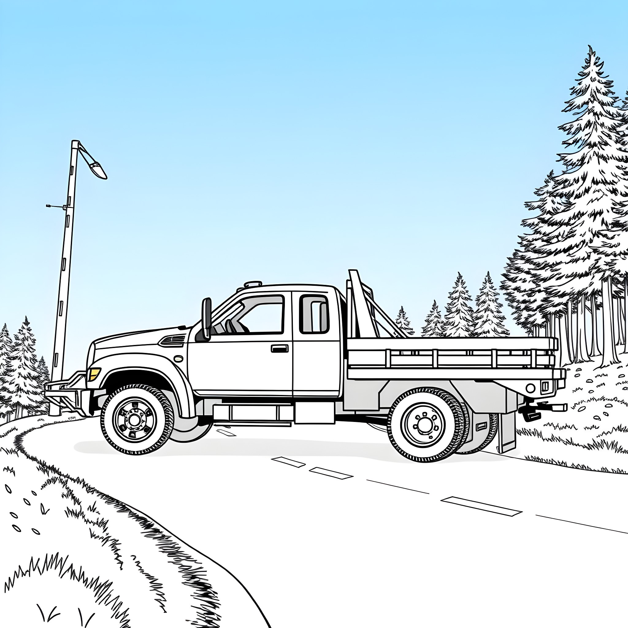 Rollback Wrecker Truck transporting vehicle on rural road Coloring Page (free black-and-white line drawing printable PDF for all, from beginners to advanced learners, including children, teens, adults, and seniors)