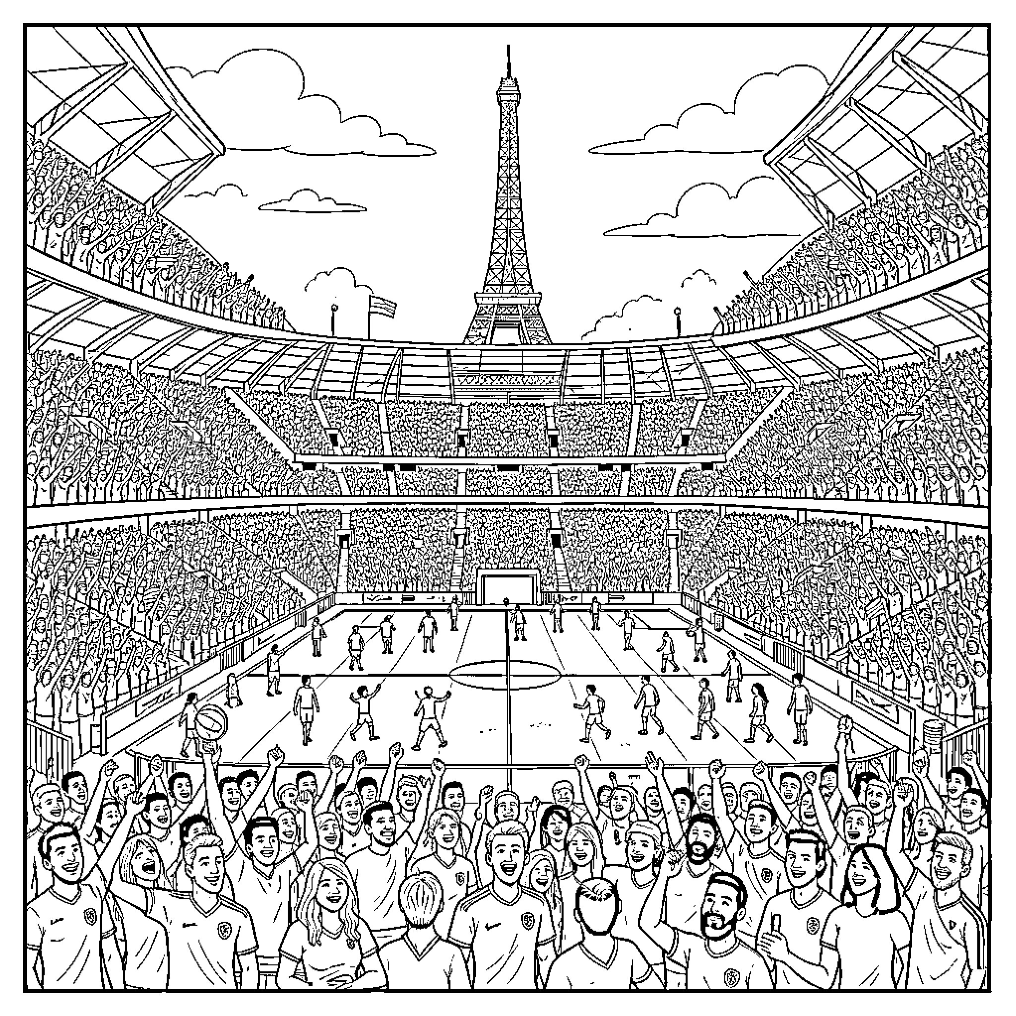 World Cup players competing in a crowded stadium Coloring Page (free black-and-white line drawing printable PDF for all, from beginners to advanced learners, including children, teens, adults, and seniors)