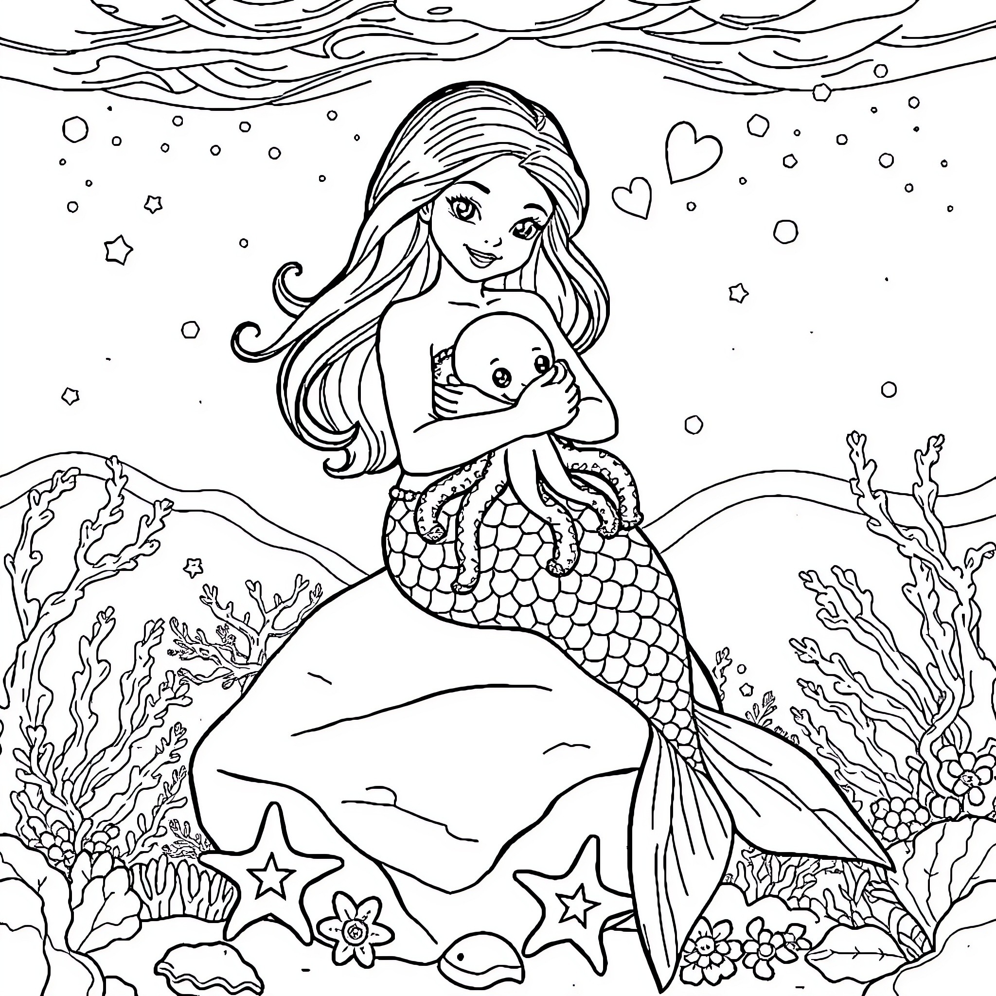 Mermaid caring for baby in underwater wonderland Coloring Page (free black-and-white line drawing printable PDF for all, from beginners to advanced learners, including children, teens, adults, and seniors)