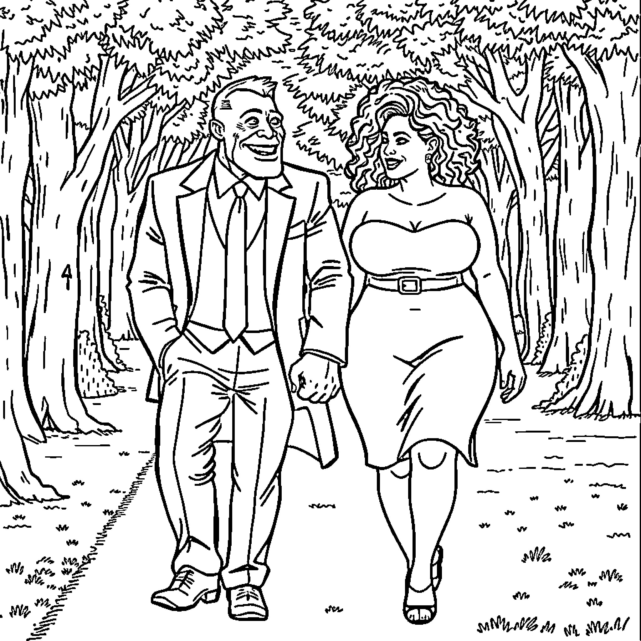 Orc couple on a romantic stroll in the forest Coloring Page (free black-and-white line drawing printable PDF for all, from beginners to advanced learners, including children, teens, adults, and seniors)