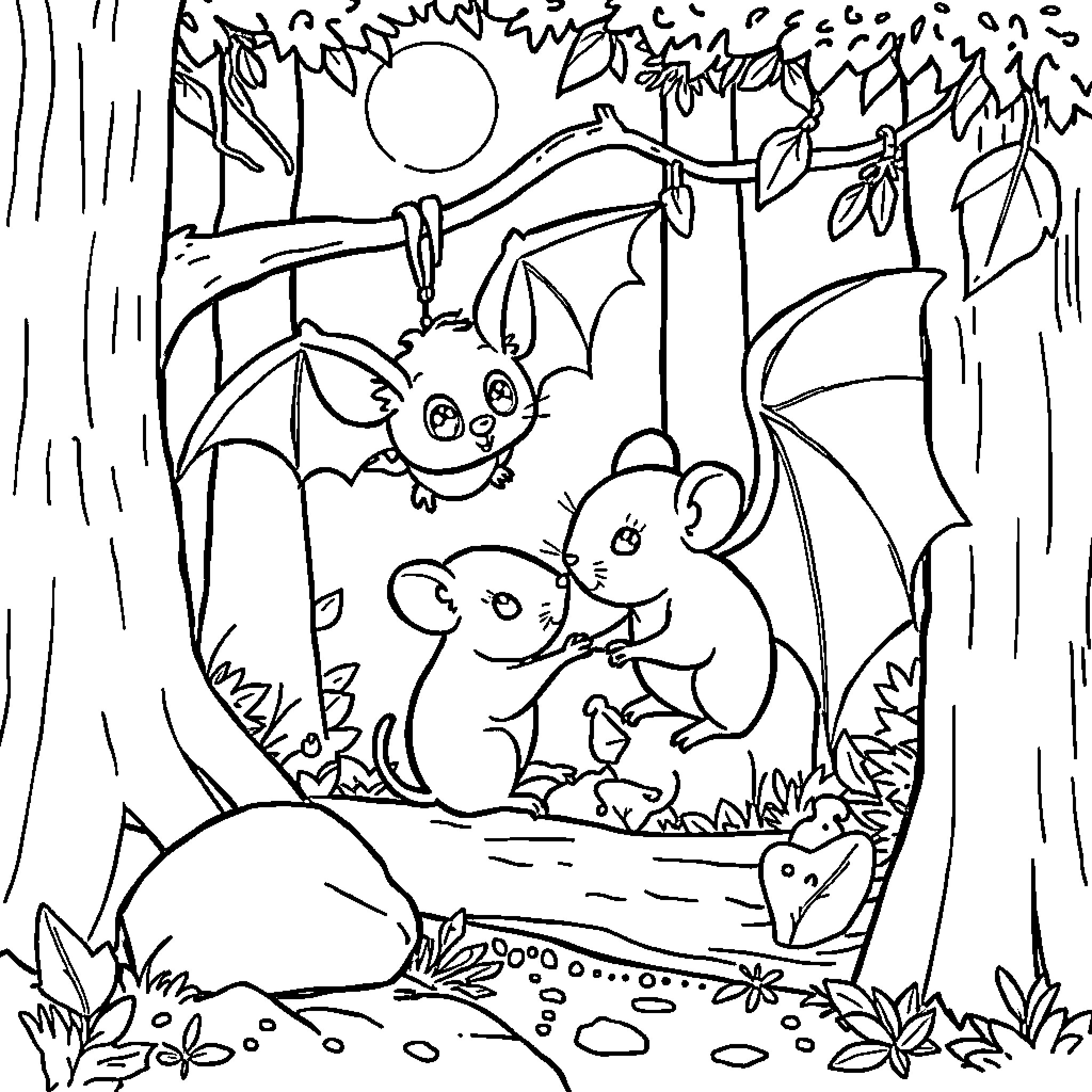Mouse family enjoying a night in the forest Coloring Page (free black-and-white line drawing printable PDF for all, from beginners to advanced learners, including children, teens, adults, and seniors)
