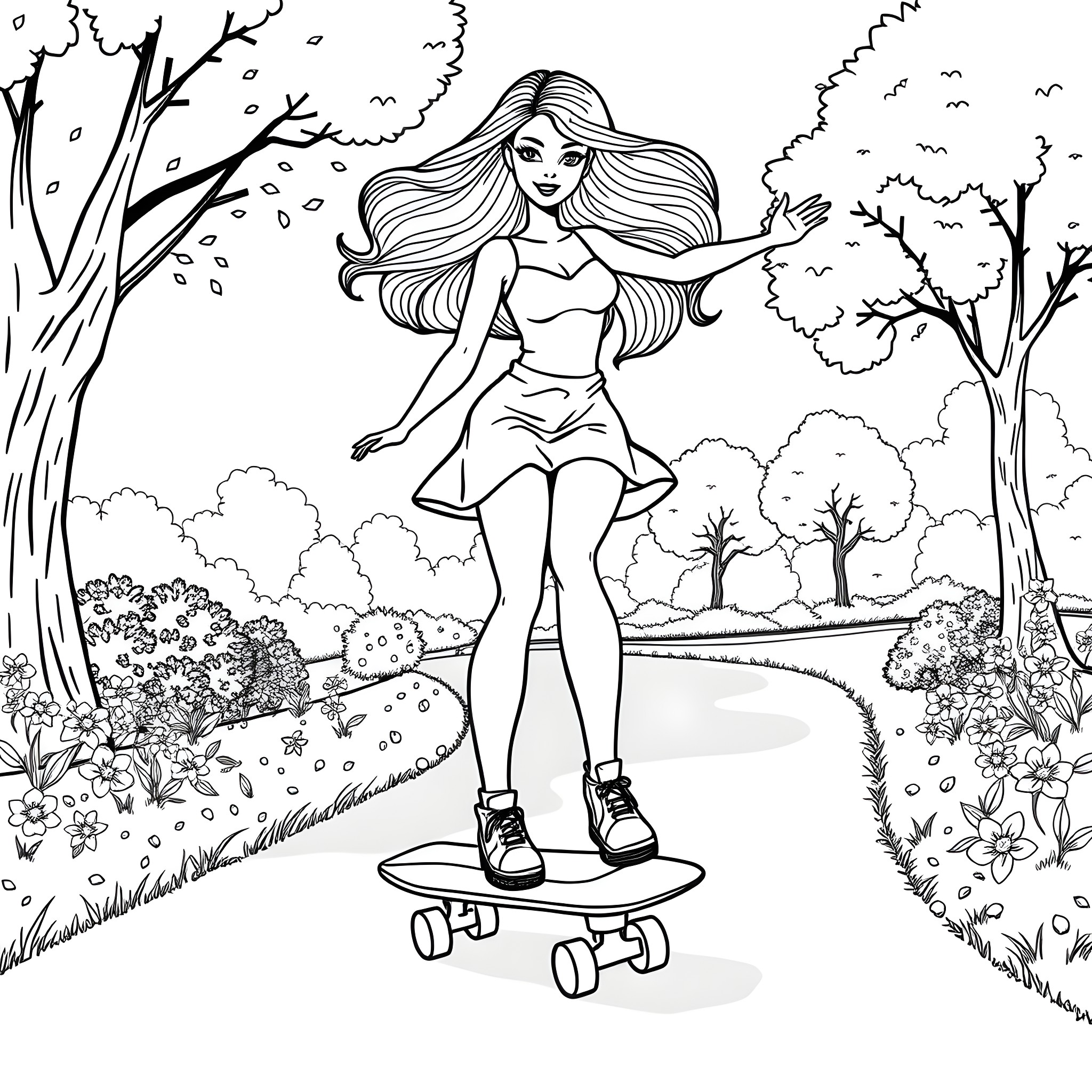 Barbie enjoying skateboarding in the park Coloring Page (free black-and-white line drawing printable PDF for all, from beginners to advanced learners, including children, teens, adults, and seniors)