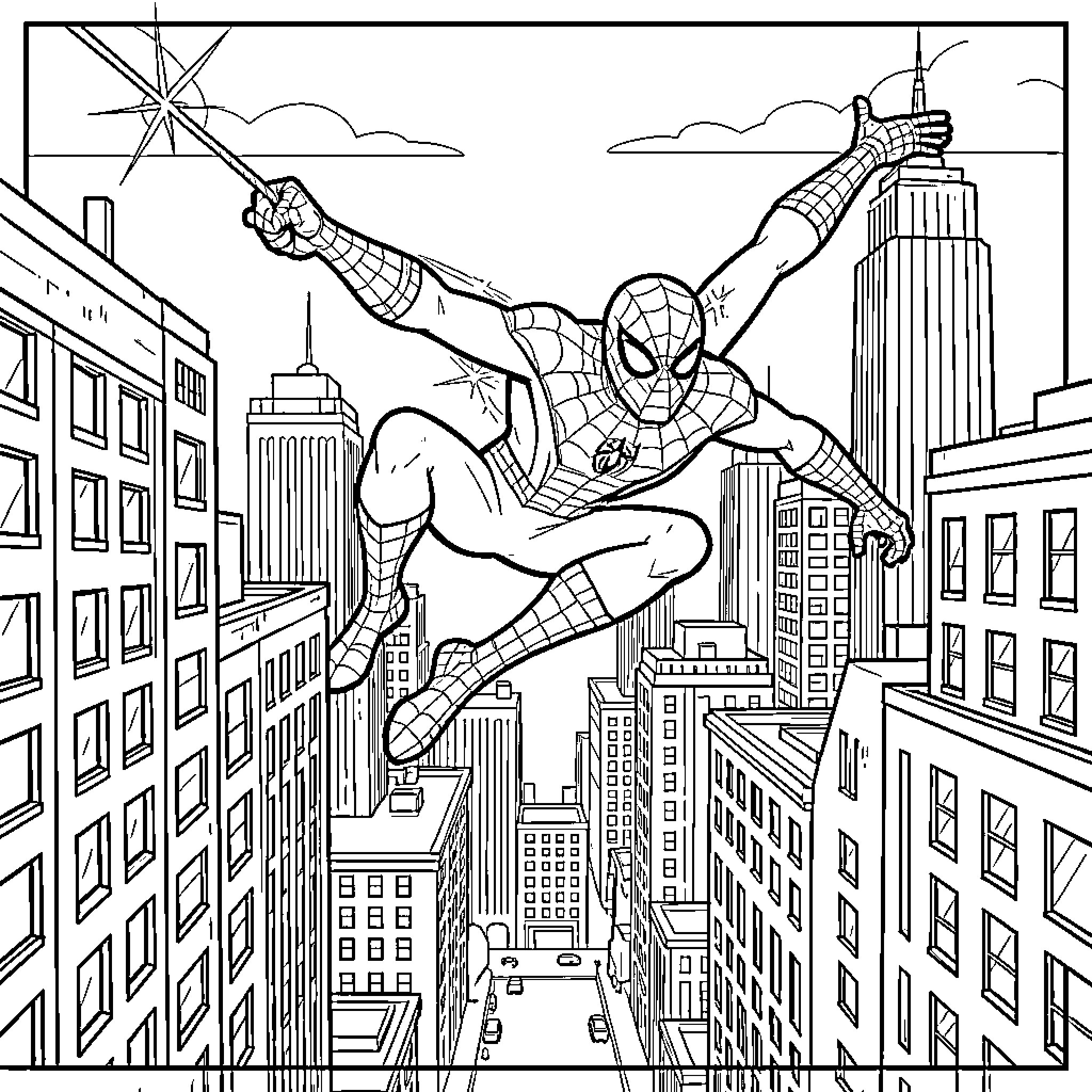 Spider-Man swinging through a busy city skyline Coloring Page (free black-and-white line drawing printable PDF for all, from beginners to advanced learners, including children, teens, adults, and seniors)
