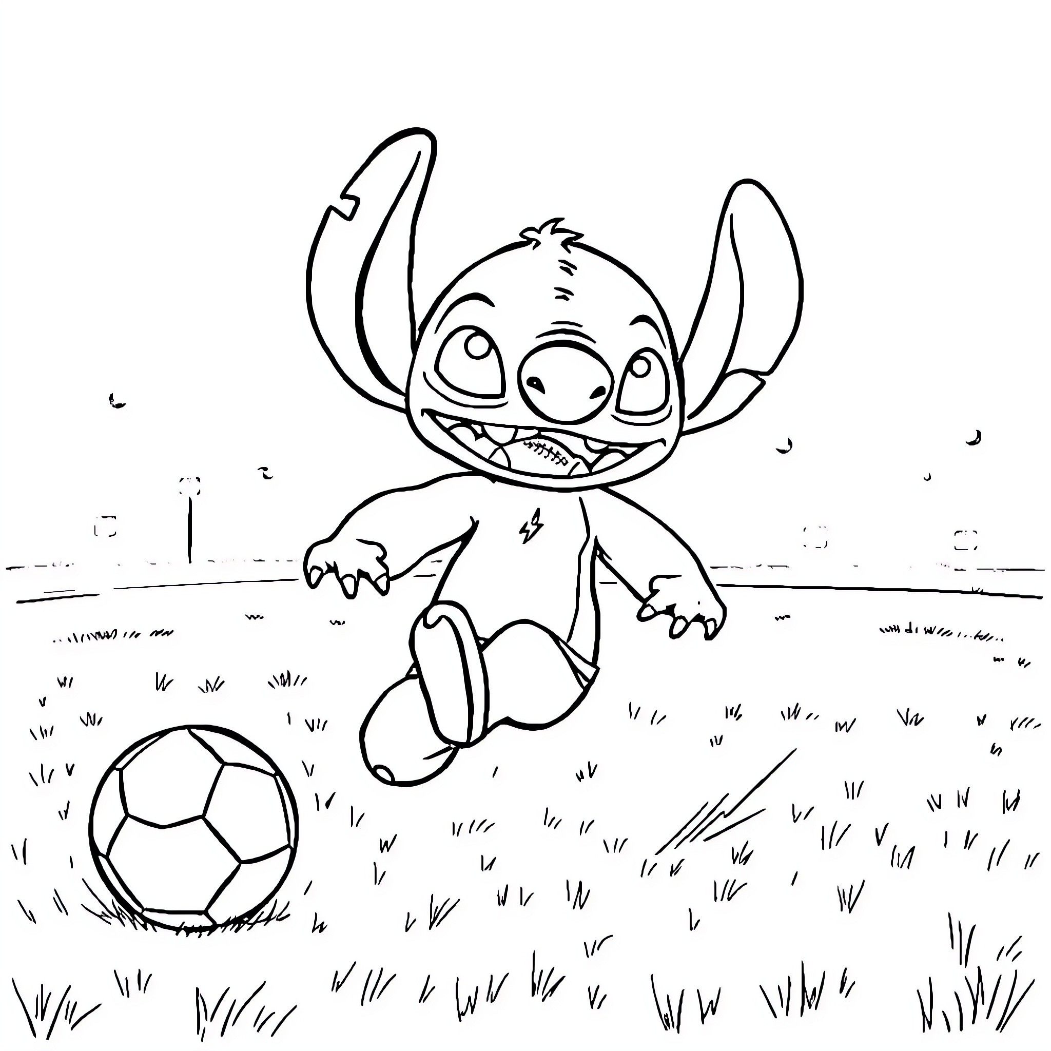 Stitch happily playing with a soccer ball Coloring Page (free black-and-white line drawing printable PDF for all, from beginners to advanced learners, including children, teens, adults, and seniors)